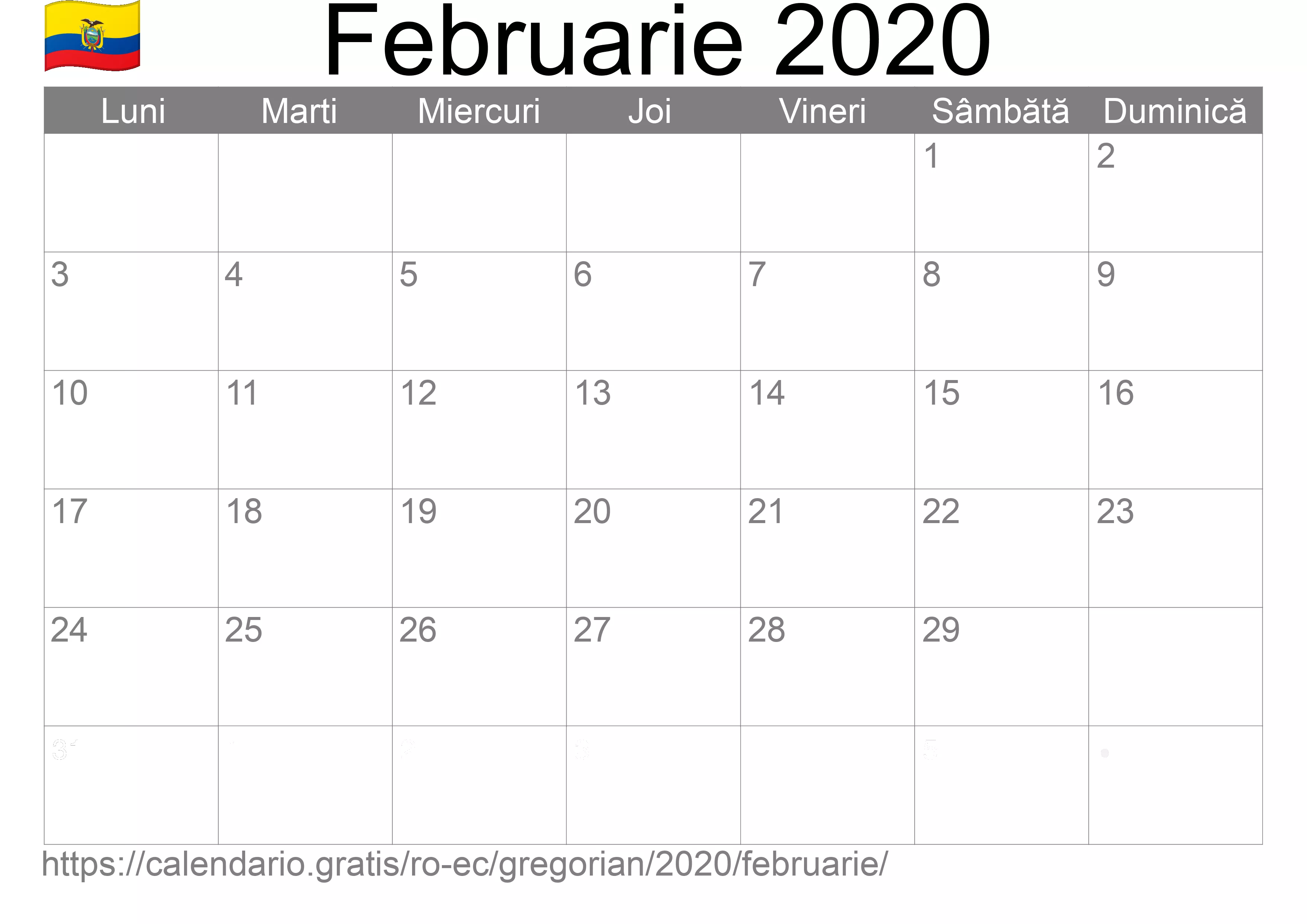 Calendar Februarie 2020 pentru imprimare (Ecuador) Calendar Februarie 2020 pentru imprimare (Ecuador)