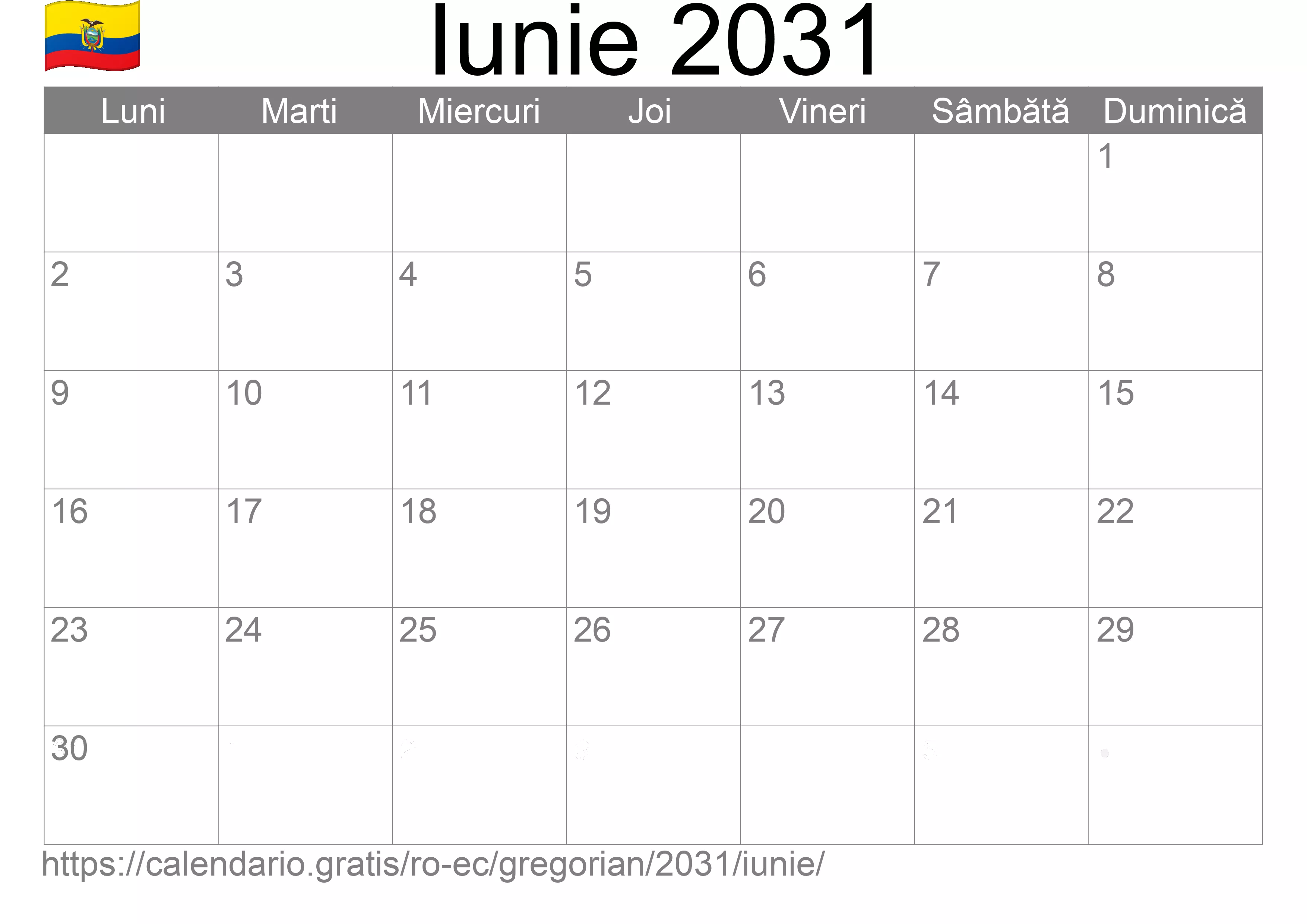 Calendar Iunie 2031 pentru imprimare (Ecuador)