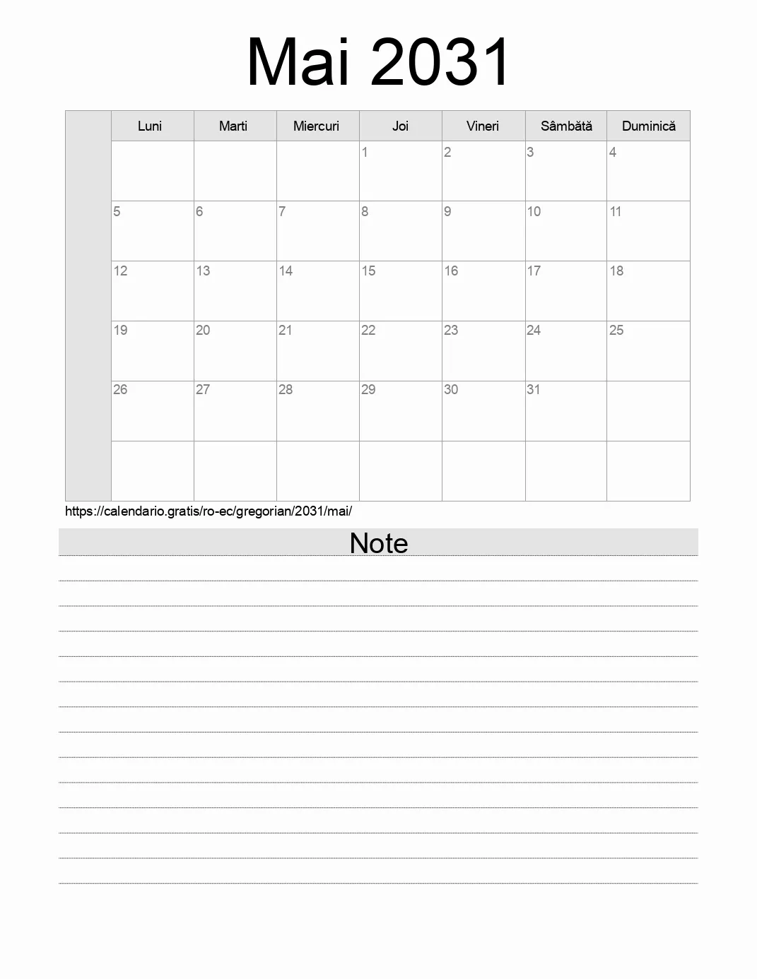Calendar pentru Mai 2031 de imprimat cu note. (Ecuador)