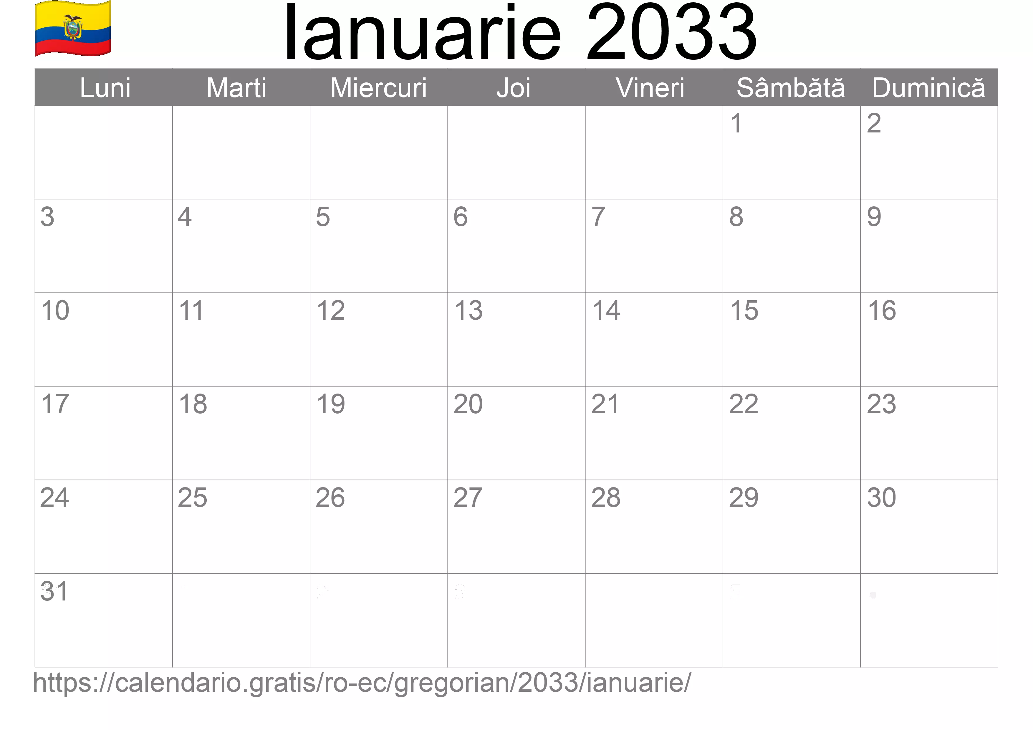 Calendar Ianuarie 2033 pentru imprimare (Ecuador)