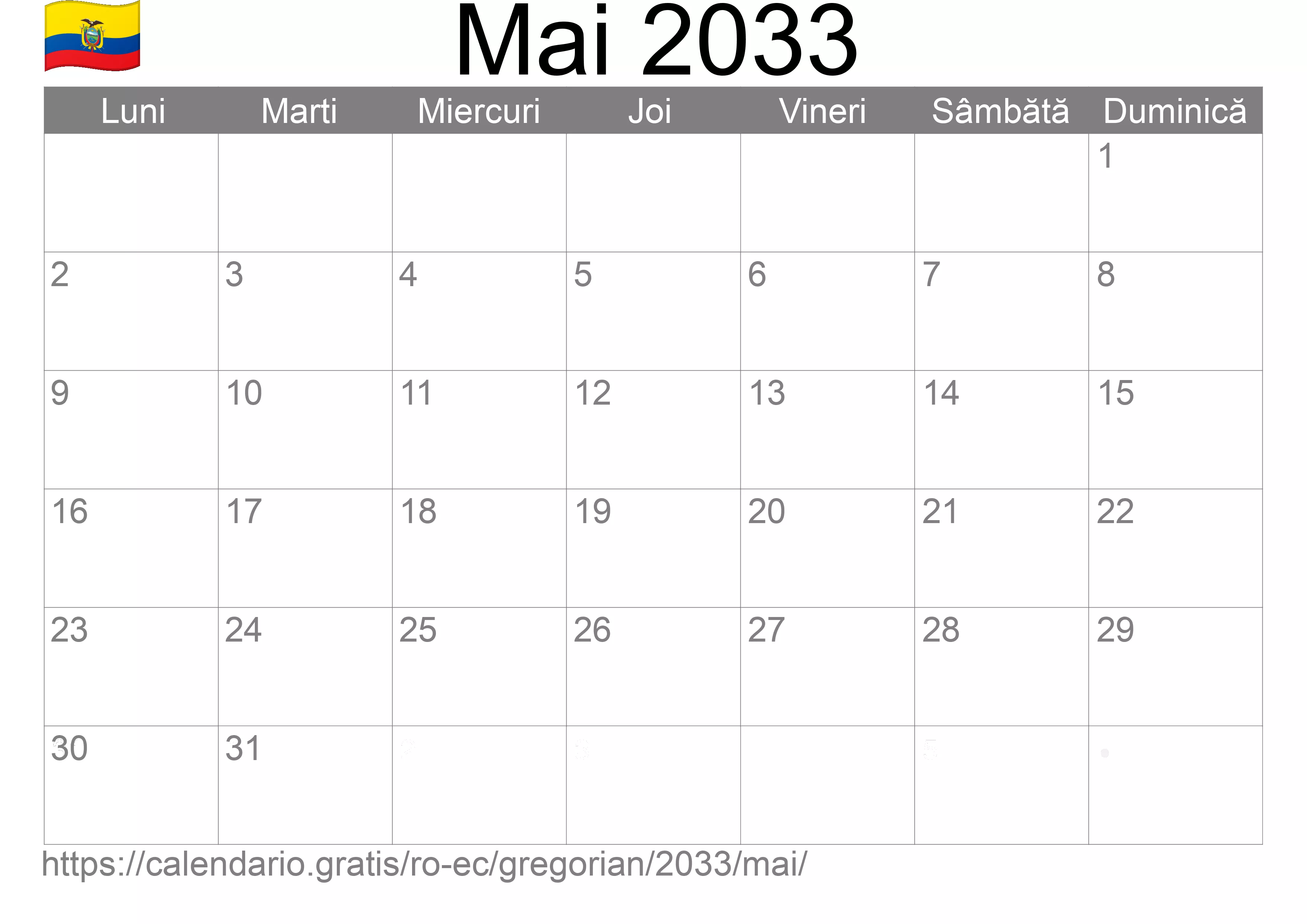 Calendar Mai 2033 pentru imprimare (Ecuador)