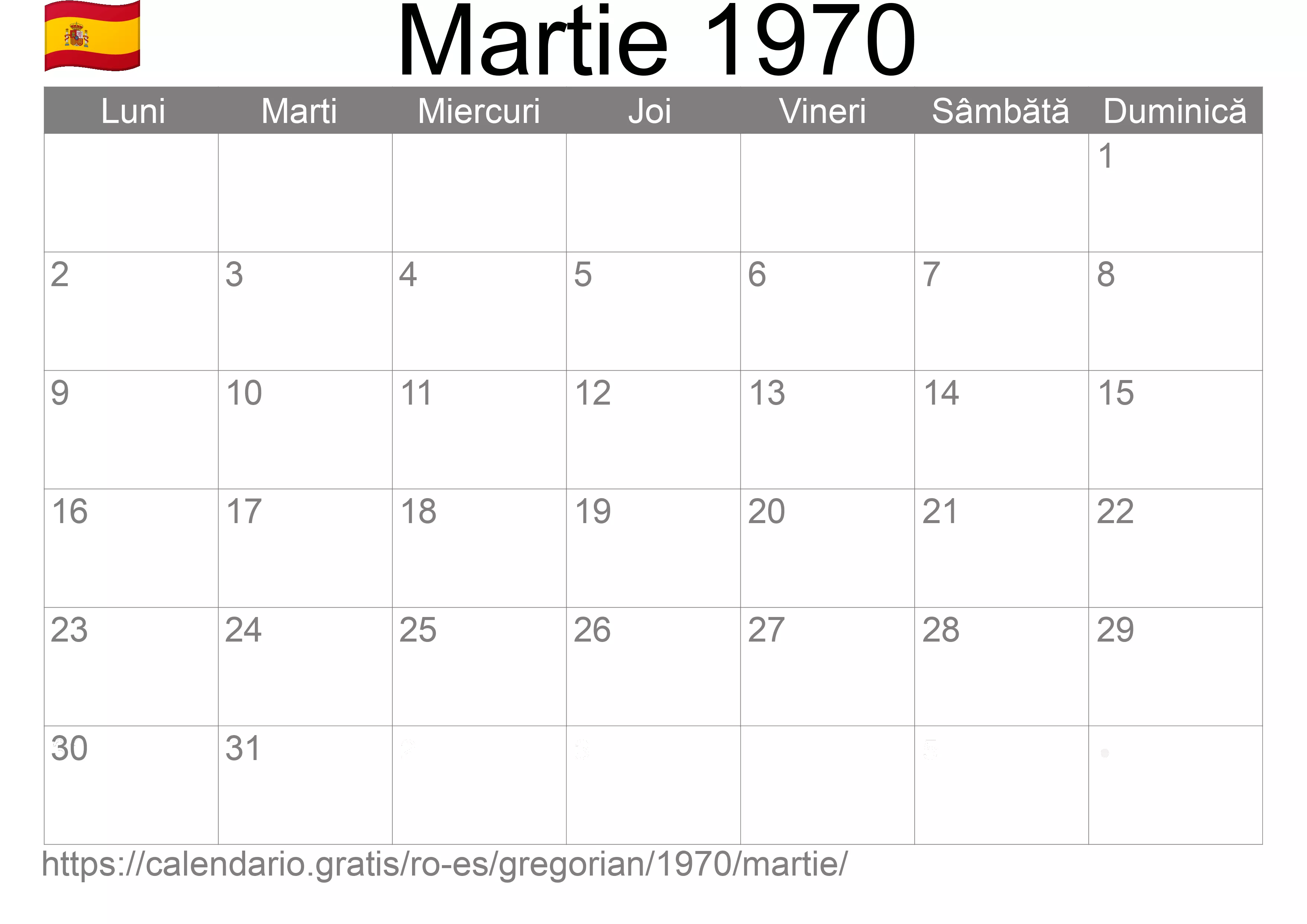 Calendar Martie 1970 pentru imprimare (Spania) Calendar Martie 1970 pentru imprimare (Spania)