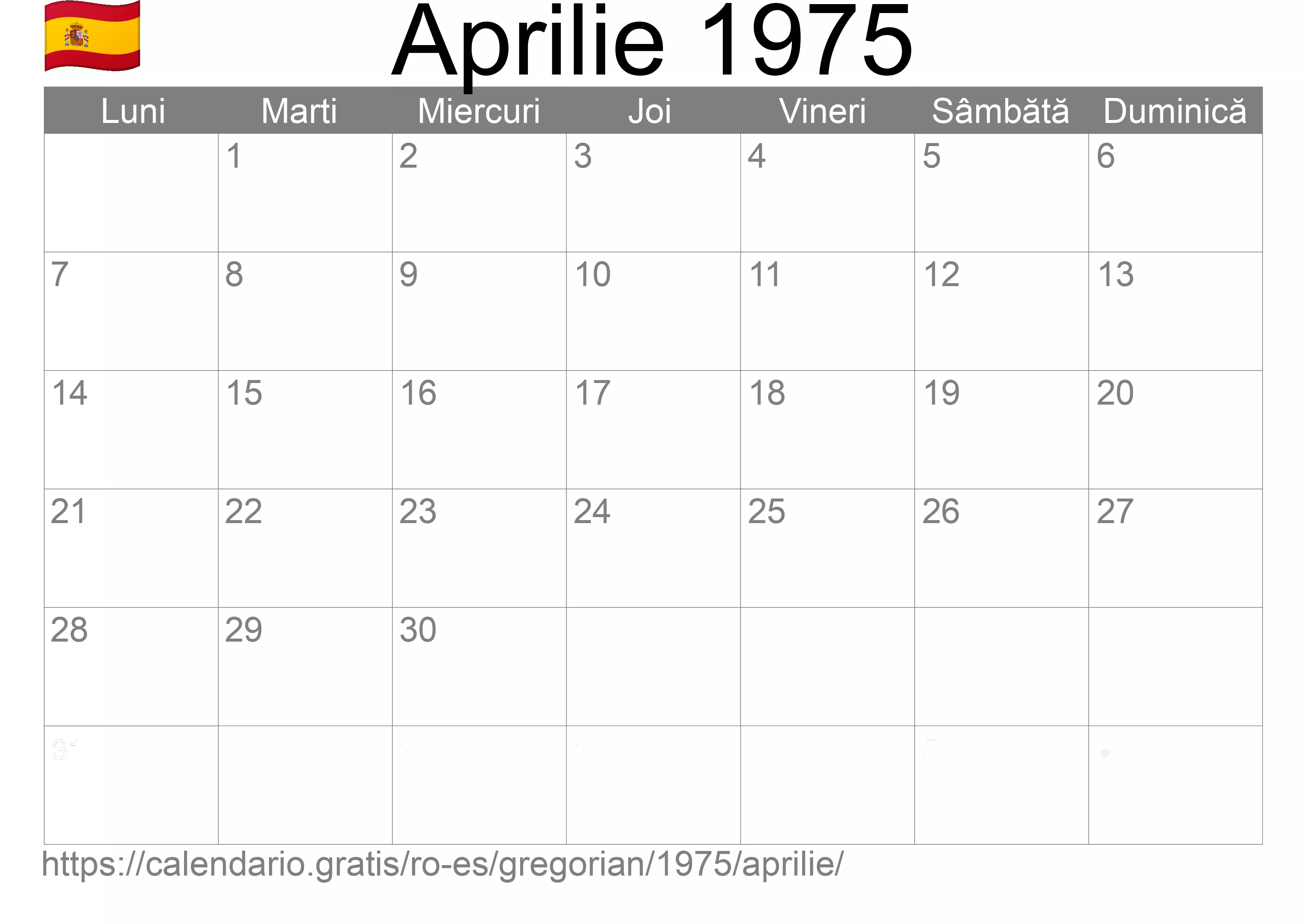 Calendar Aprilie 1975 pentru imprimare (Spania) Calendar Aprilie 1975 pentru imprimare (Spania)
