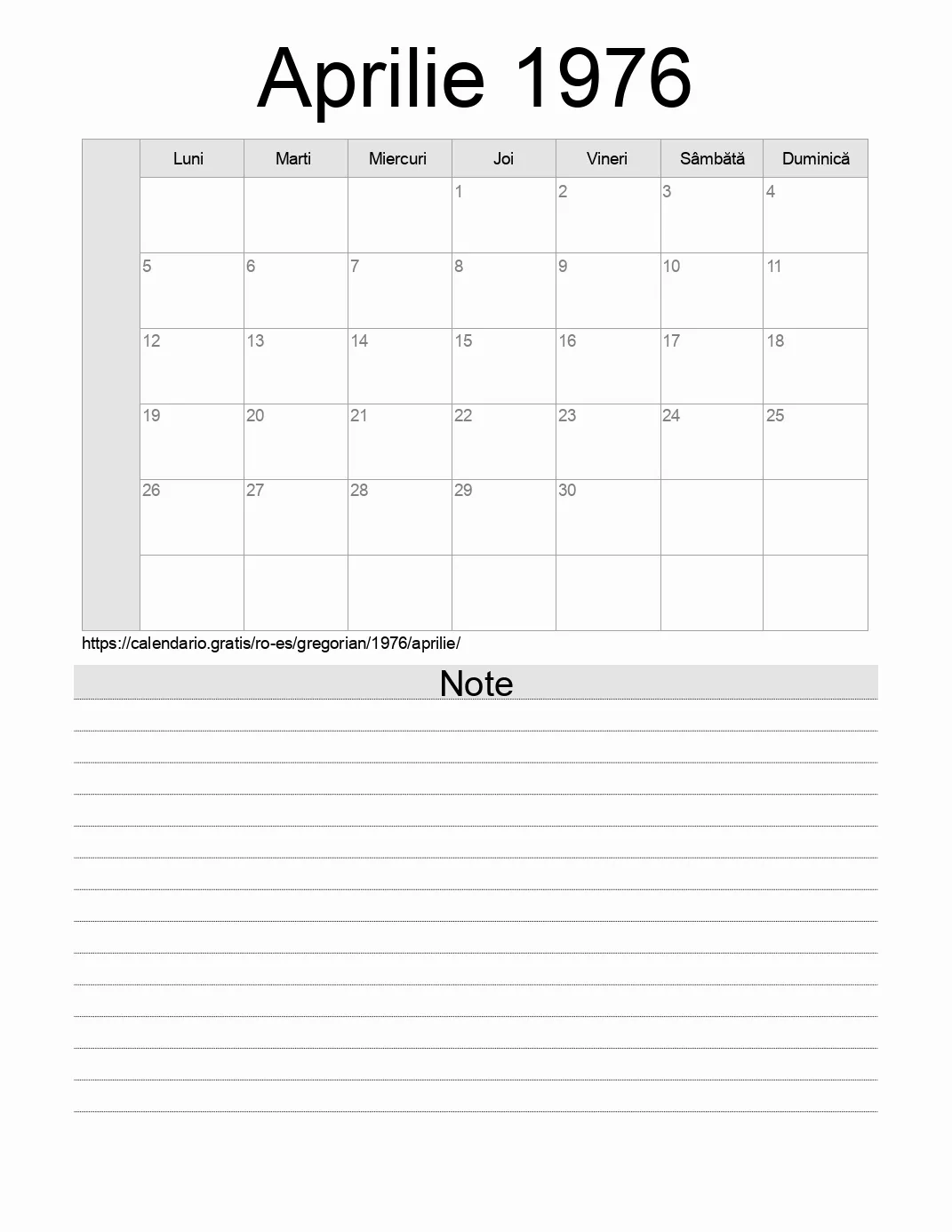Calendar pentru Aprilie 1976 de imprimat cu note. (Spania) Calendar pentru Aprilie 1976 de imprimat cu note. (Spania)