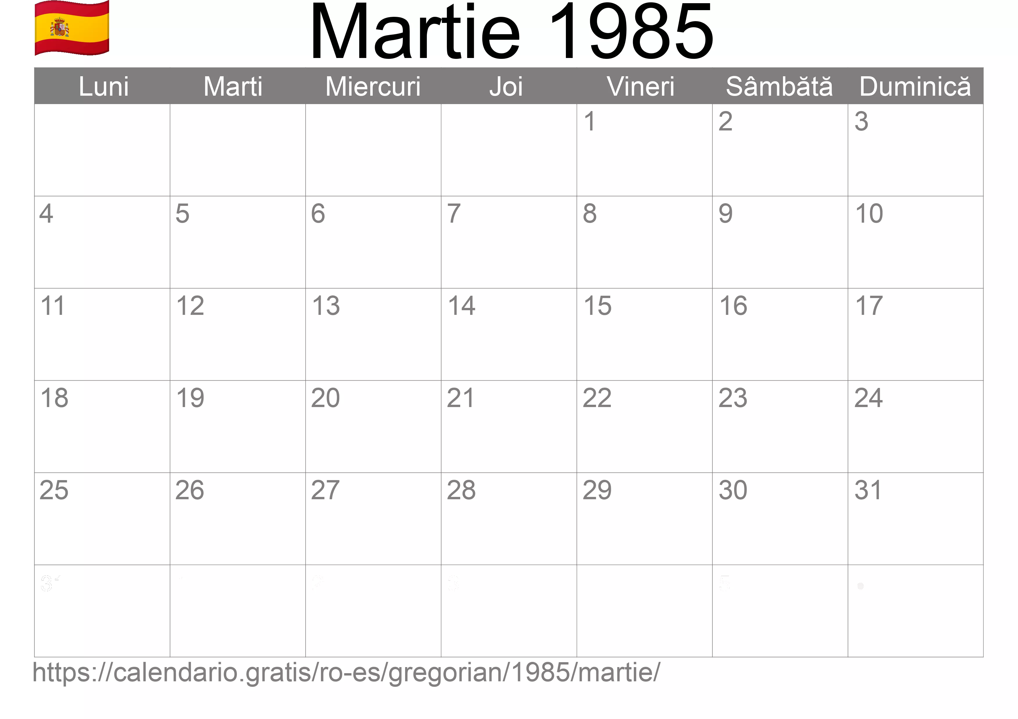Calendar Martie 1985 pentru imprimare (Spania) Calendar Martie 1985 pentru imprimare (Spania)