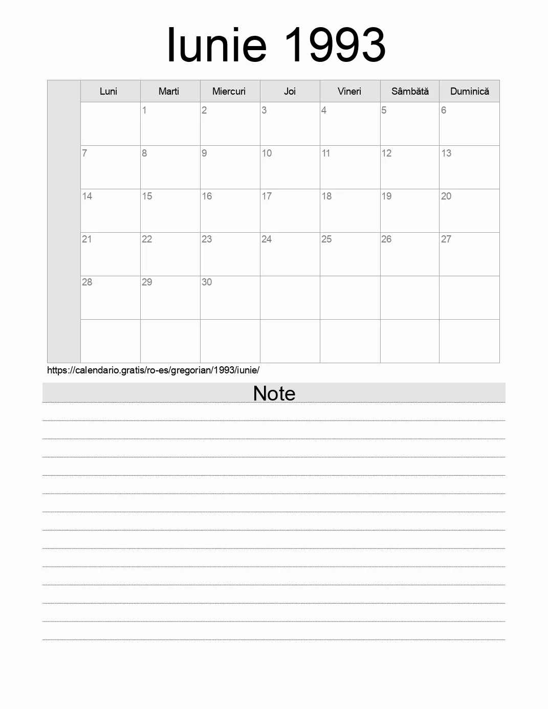 Calendar pentru Iunie 1993 de imprimat cu note. (Spania)