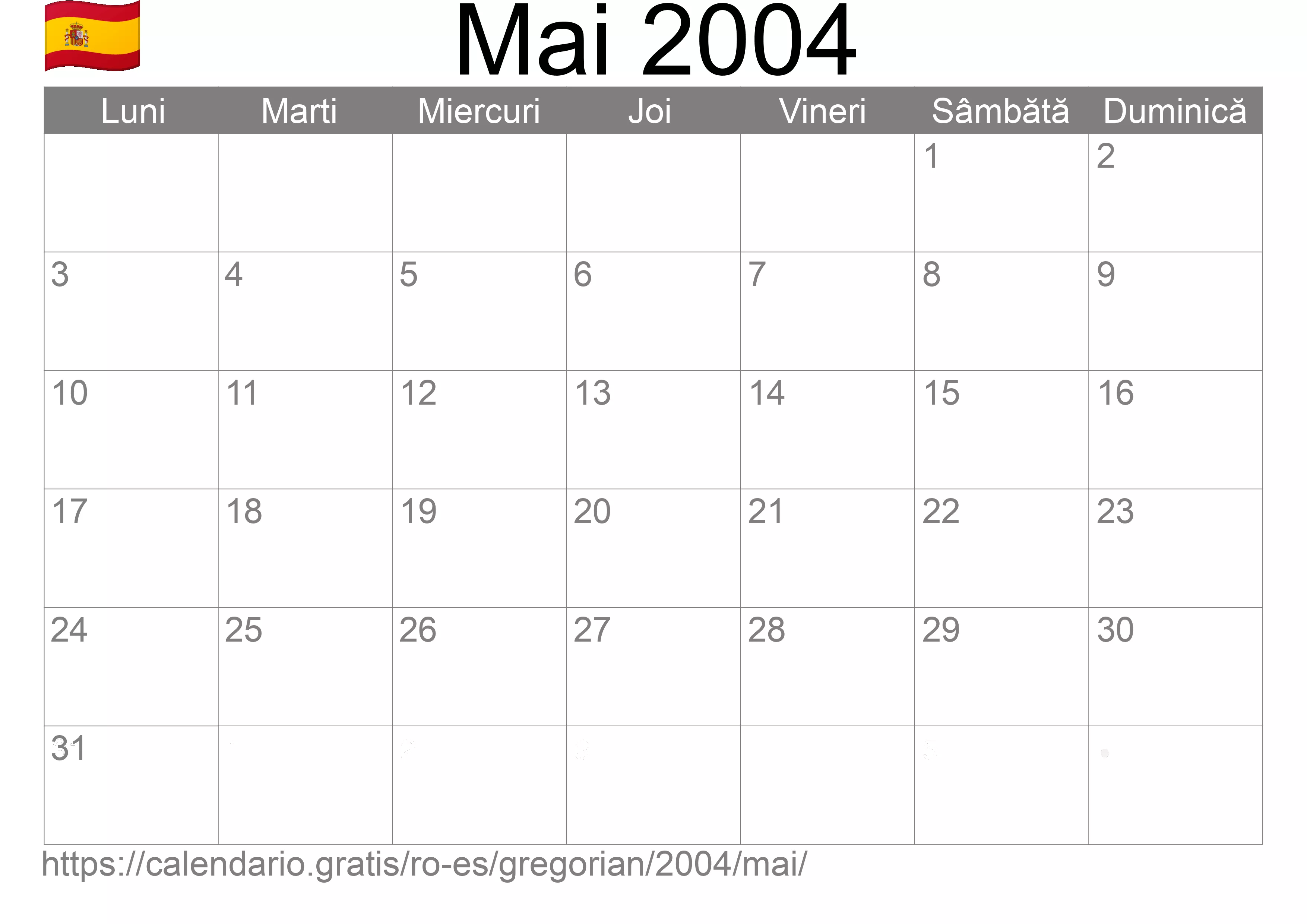 Calendar Mai 2004 pentru imprimare (Spania)
