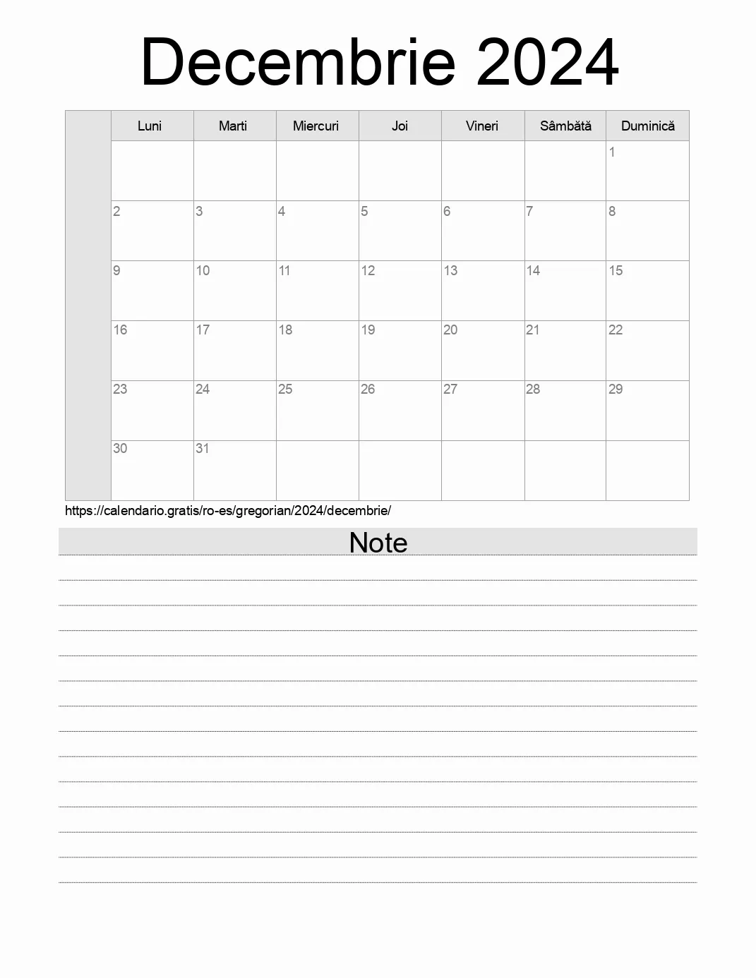 Calendar pentru Decembrie 2024 de imprimat cu note. (Spania) Calendar pentru Decembrie 2024 de imprimat cu note. (Spania)