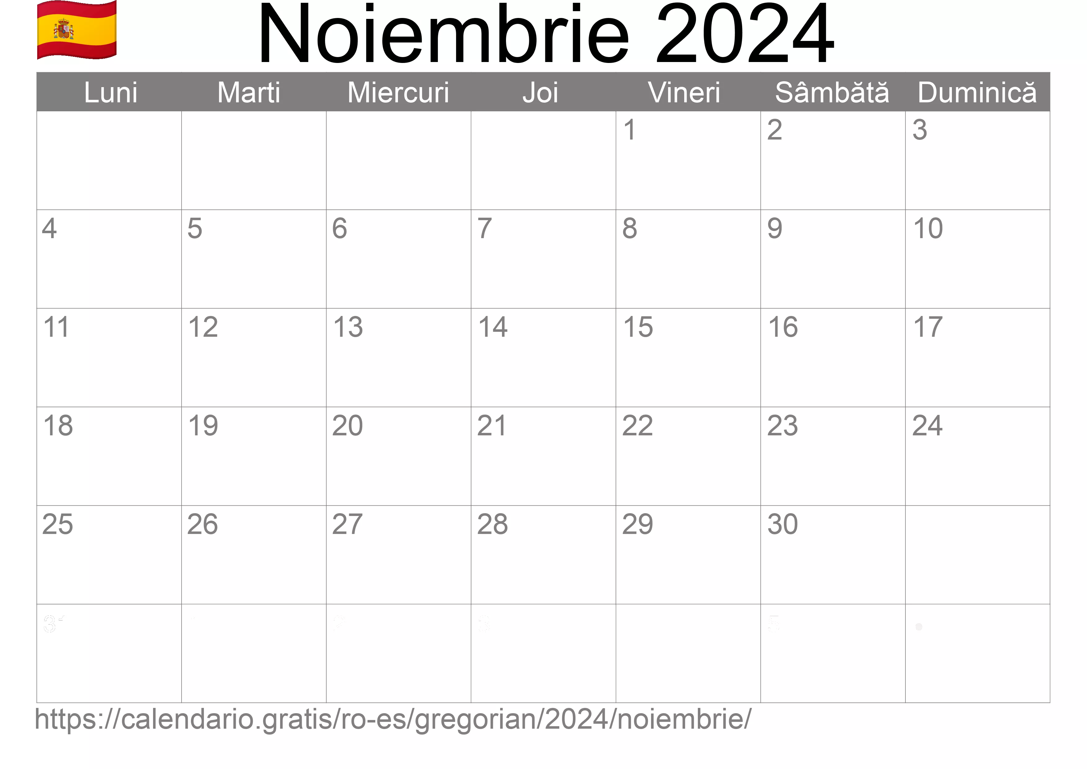 Calendar Noiembrie 2024 pentru imprimare (Spania) Calendar Noiembrie 2024 pentru imprimare (Spania)