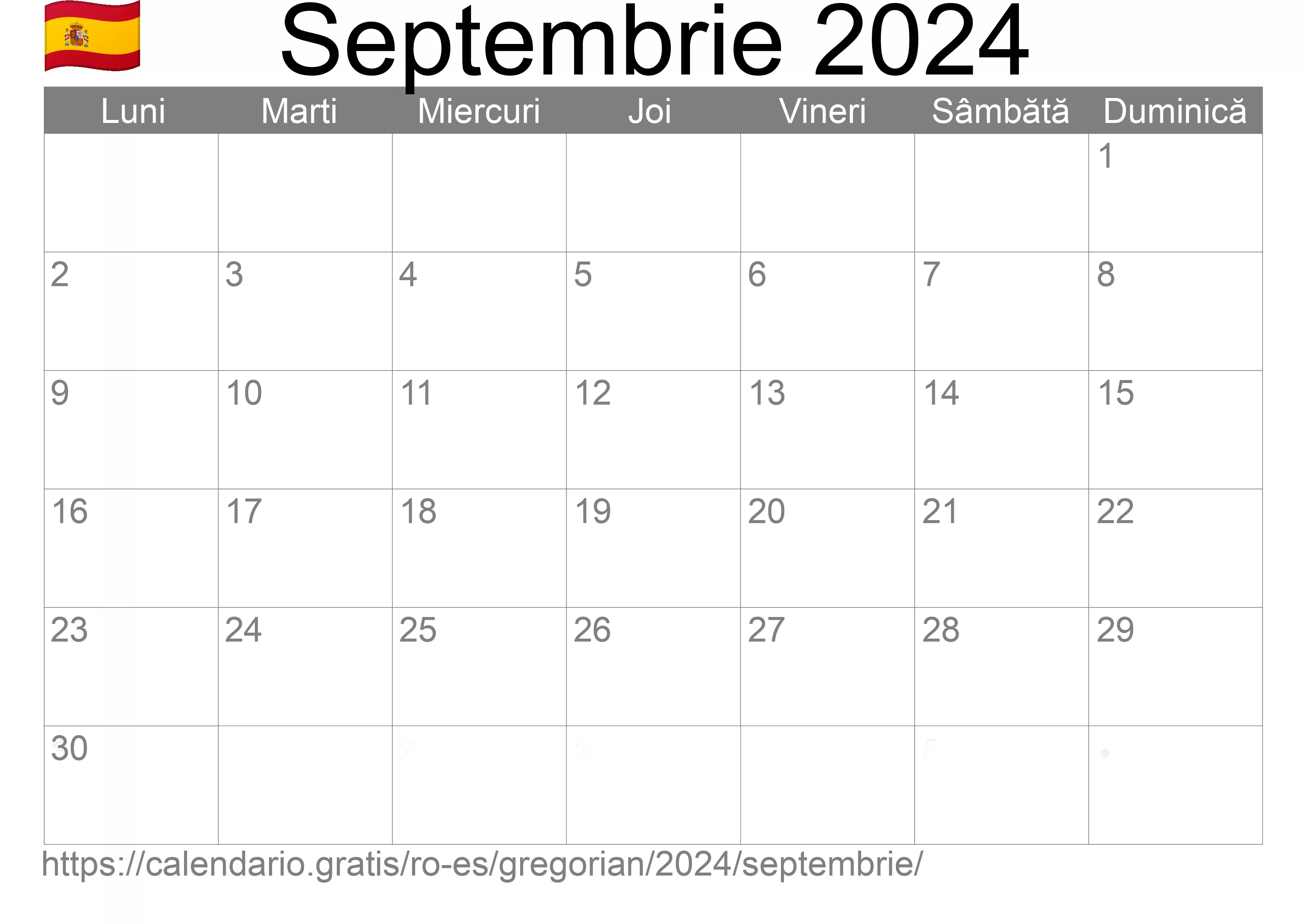Calendar Septembrie 2024 pentru imprimare (Spania) Calendar Septembrie 2024 pentru imprimare (Spania)