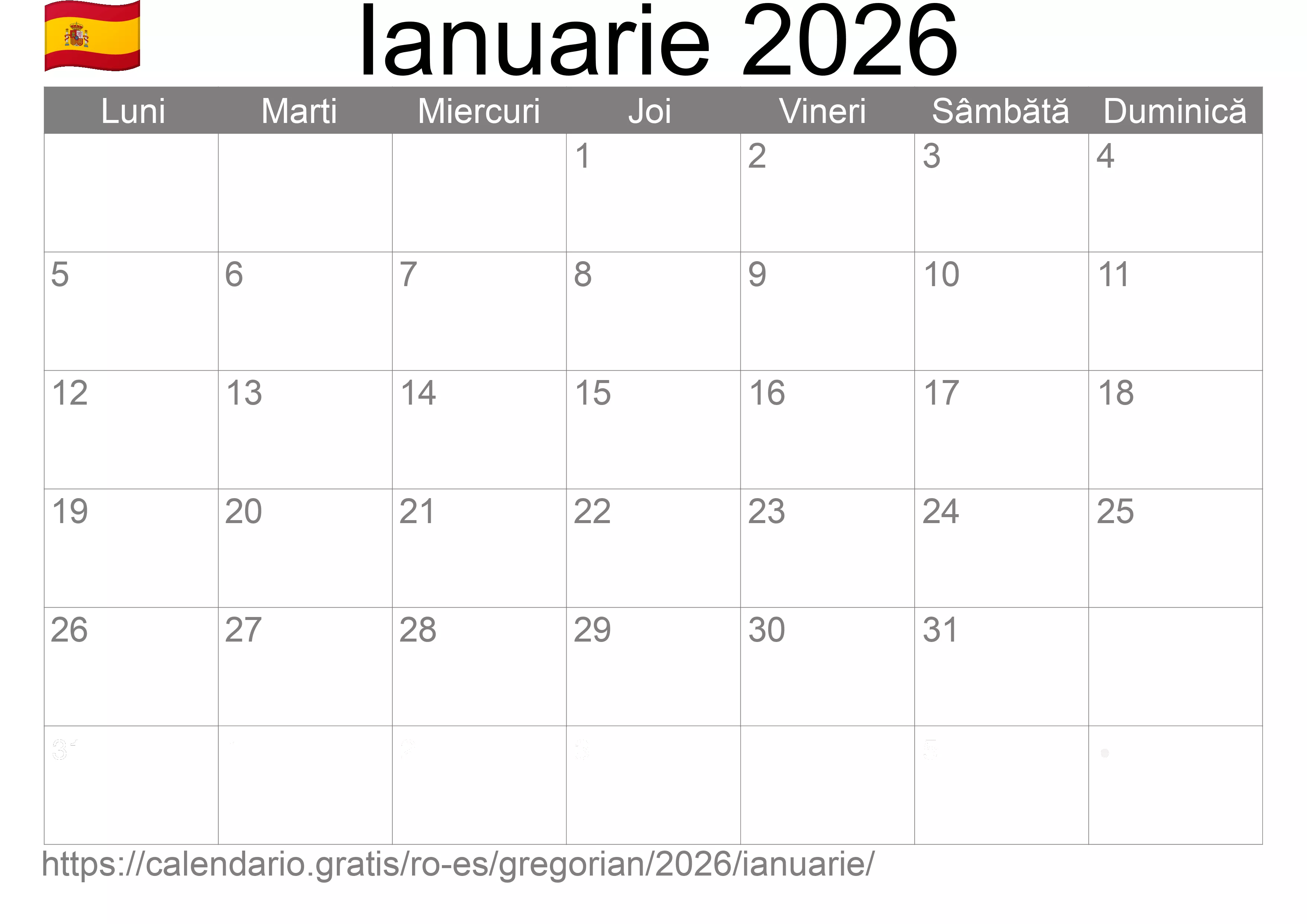 Calendar Ianuarie 2026 pentru imprimare (Spania)
