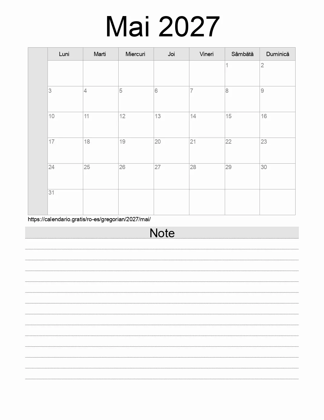 Calendar pentru Mai 2027 de imprimat cu note. (Spania)