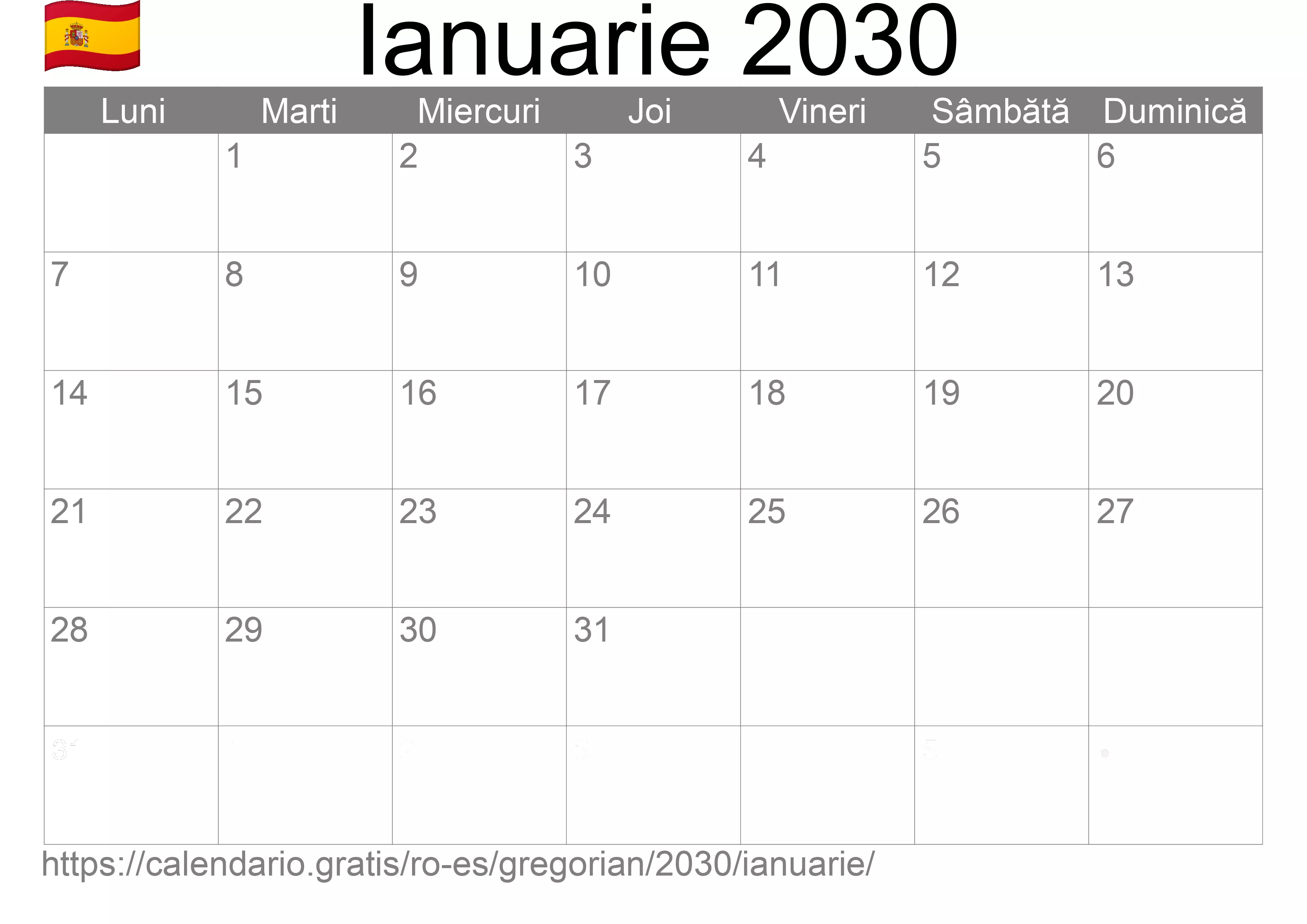 Calendar Ianuarie 2030 pentru imprimare (Spania)