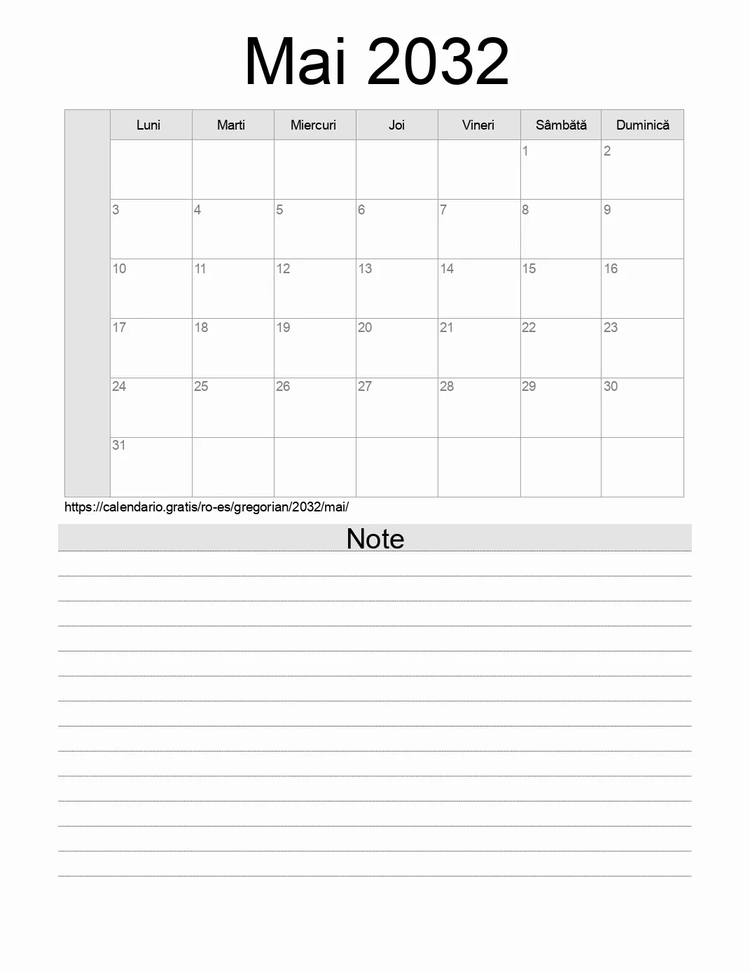 Calendar pentru Mai 2032 de imprimat cu note. (Spania)