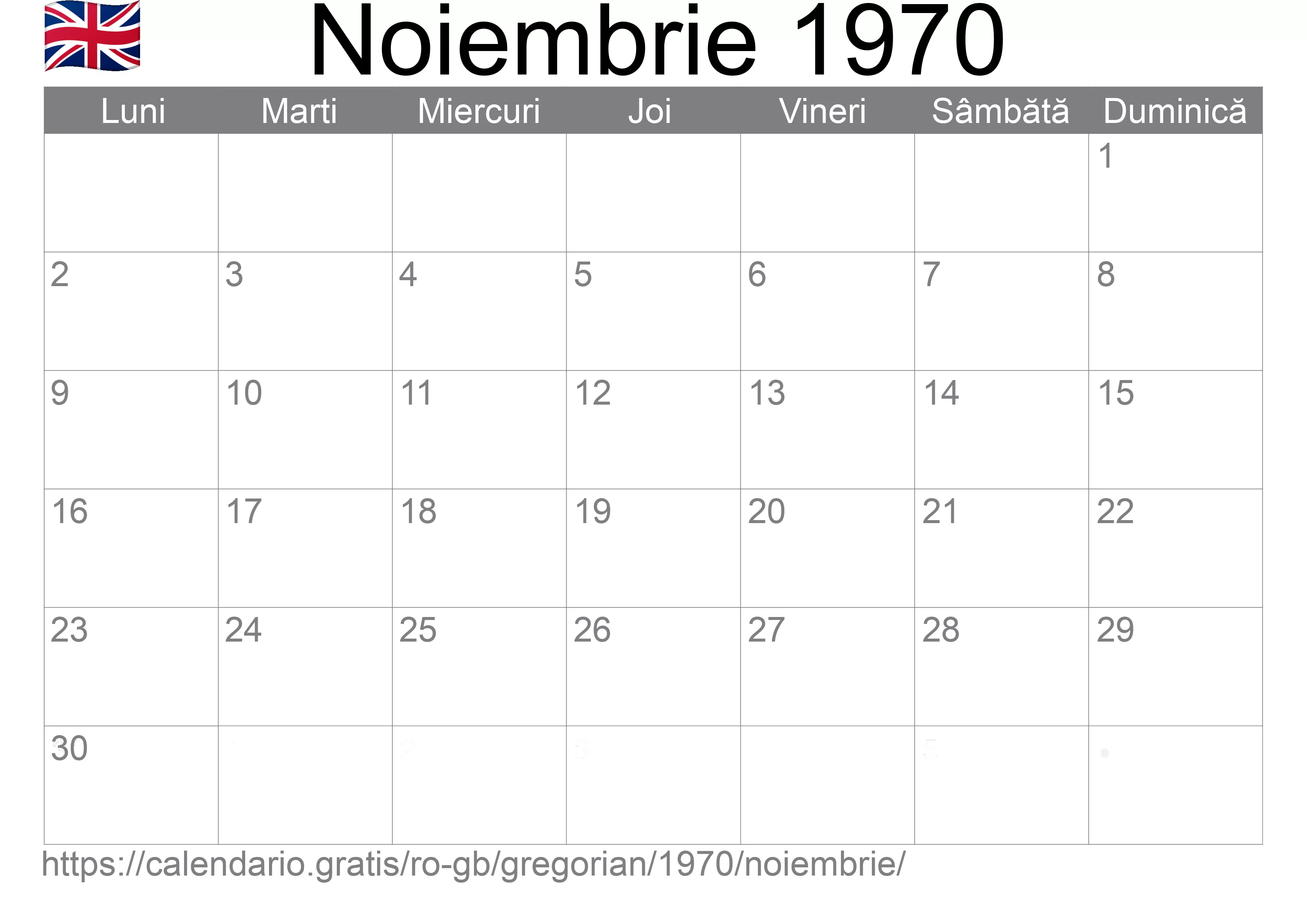 Calendar Noiembrie 1970 pentru imprimare (Regatul Unit)