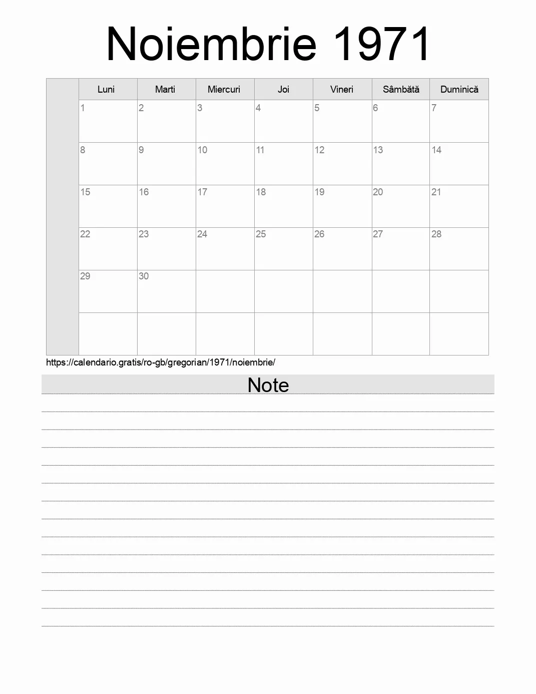 Calendar pentru Noiembrie 1971 de imprimat cu note. (Regatul Unit)