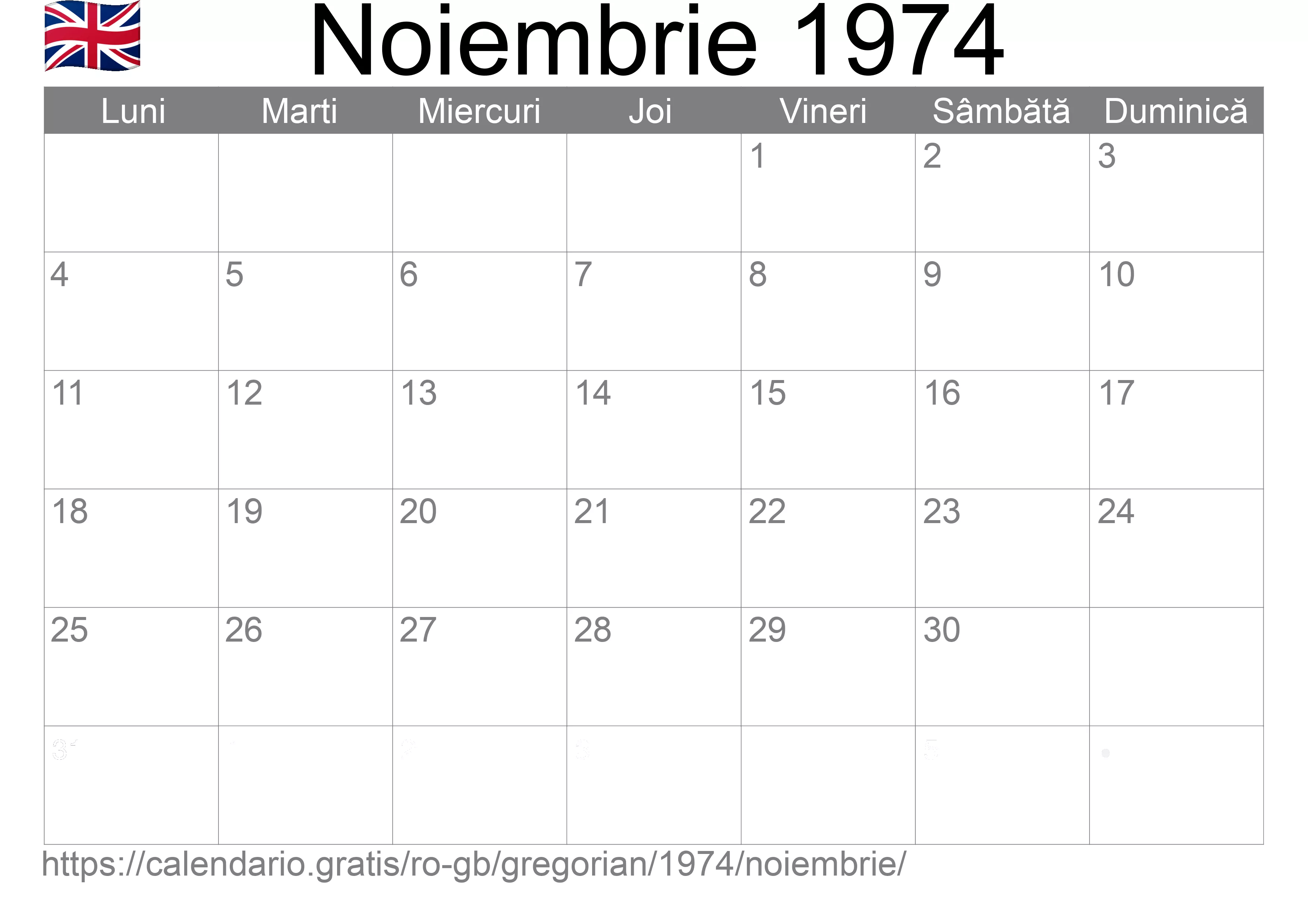 Calendar Noiembrie 1974 pentru imprimare (Regatul Unit)