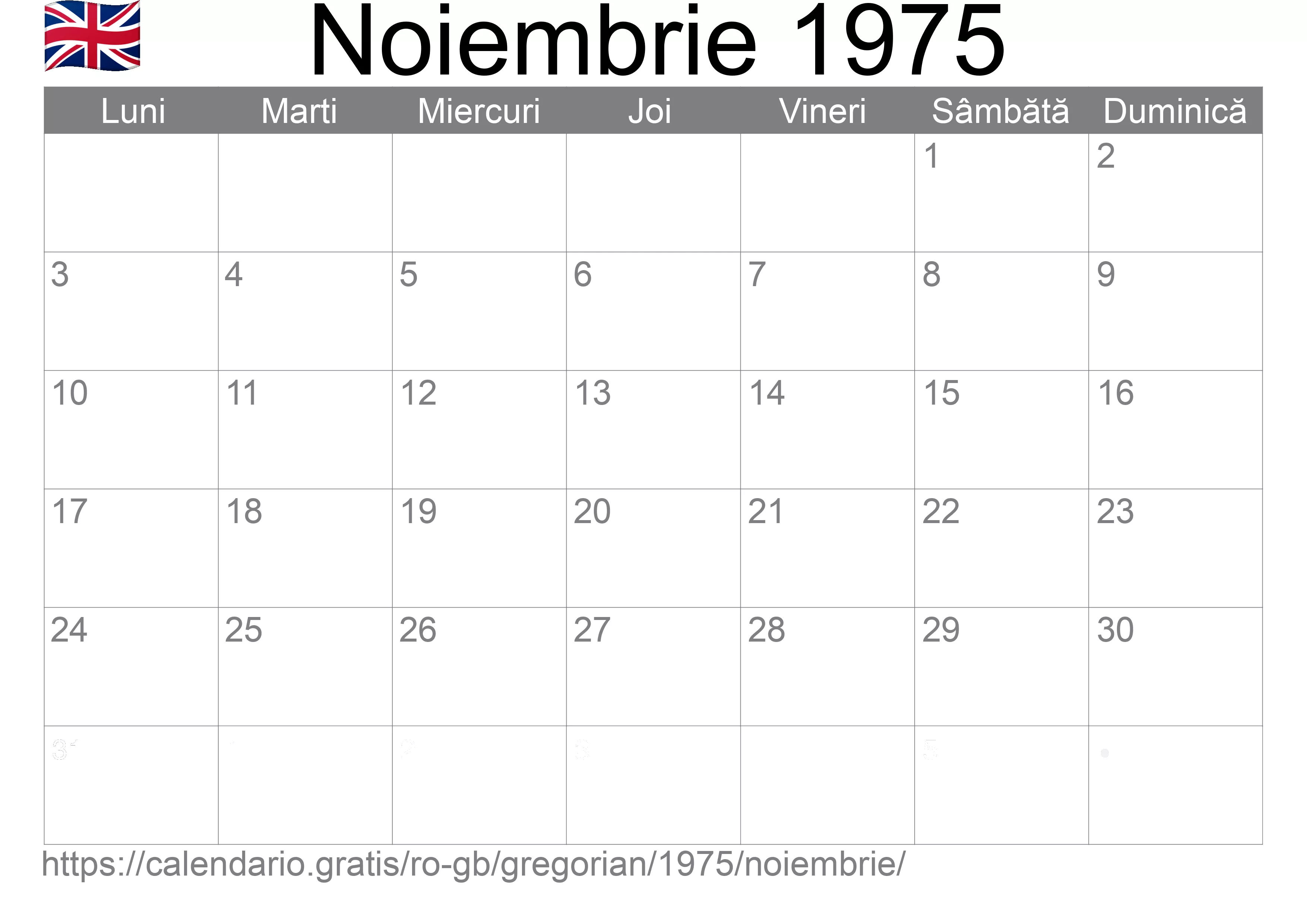 Calendar Noiembrie 1975 pentru imprimare (Regatul Unit)