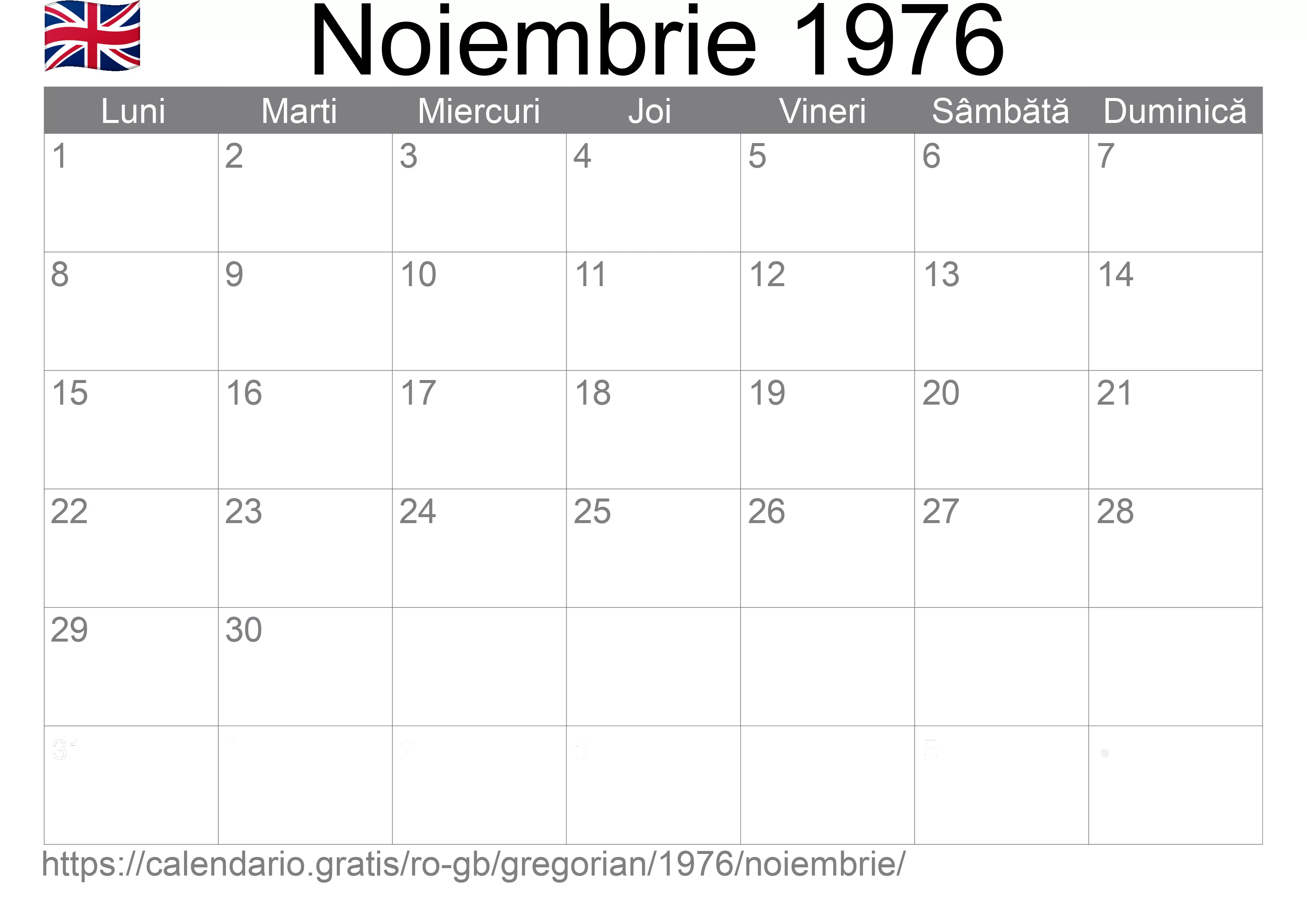 Calendar Noiembrie 1976 pentru imprimare (Regatul Unit)