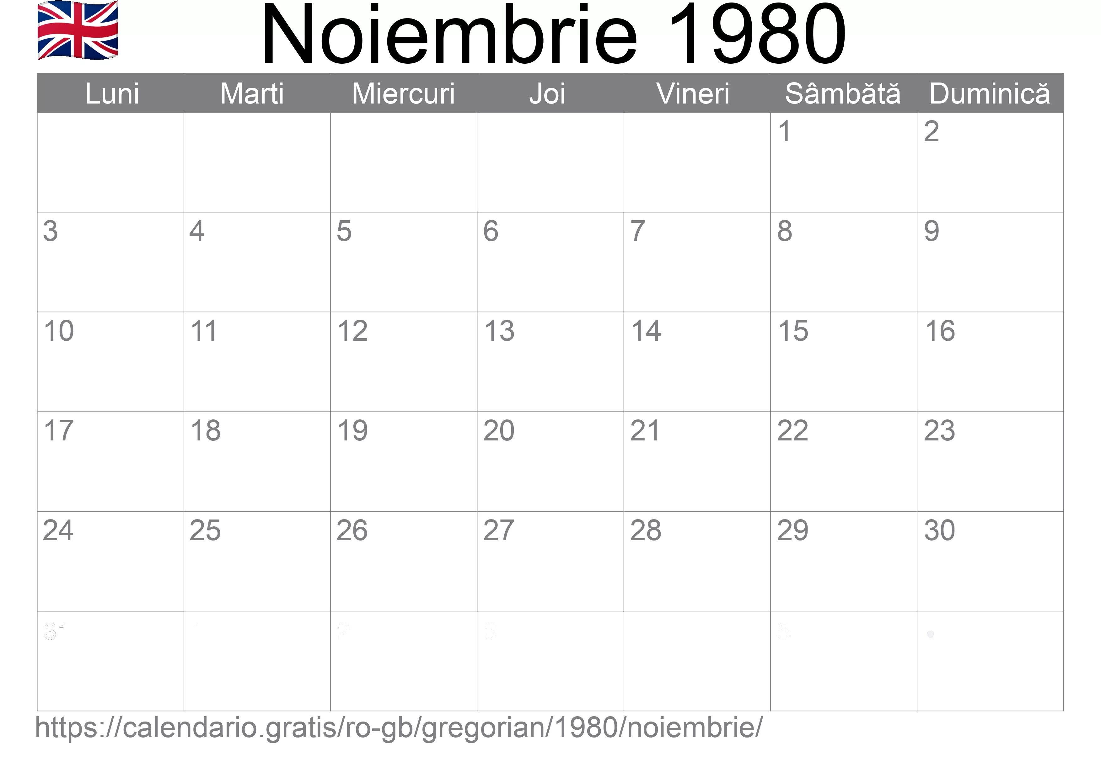 Calendar Noiembrie 1980 pentru imprimare (Regatul Unit)