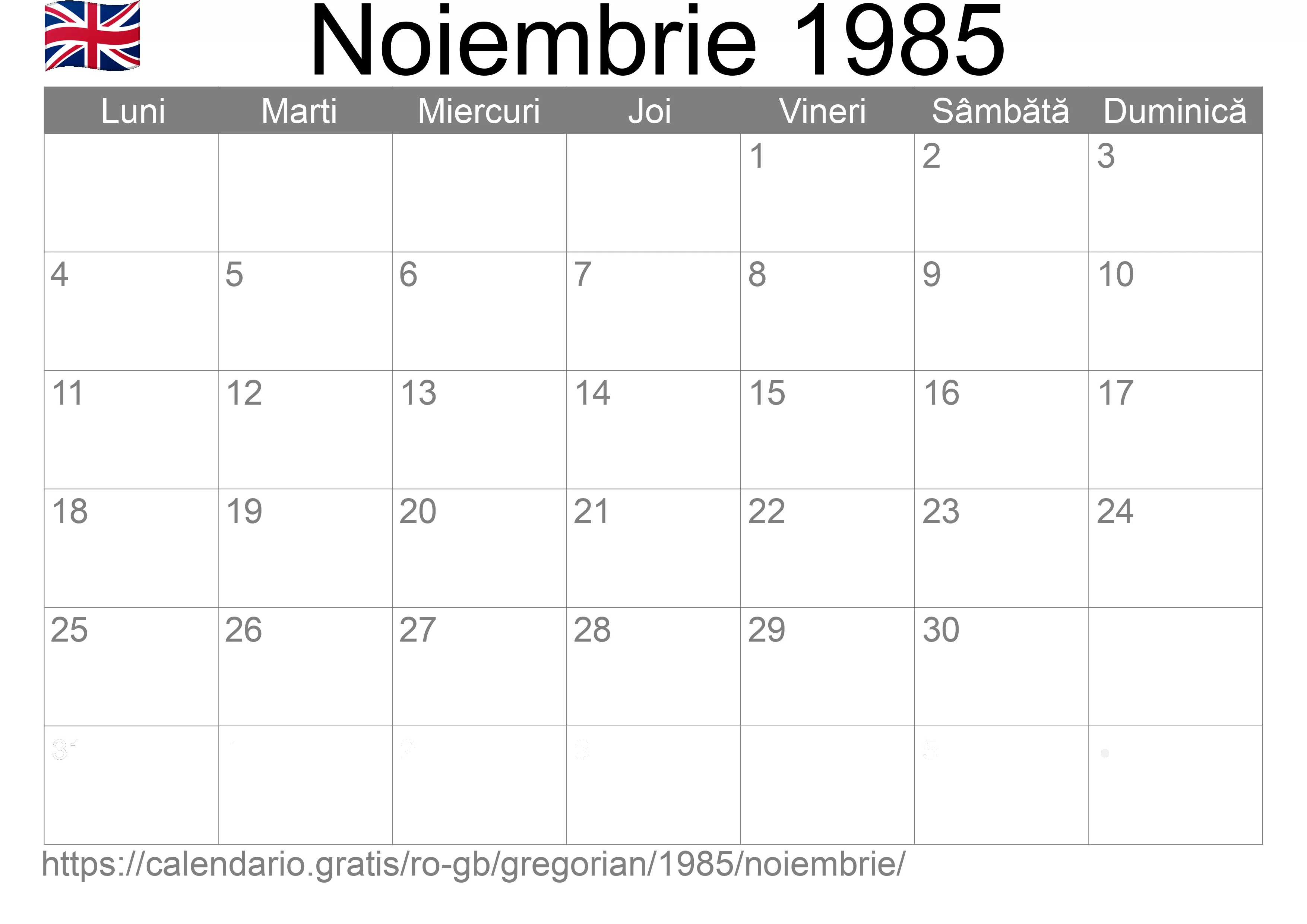 Calendar Noiembrie 1985 pentru imprimare (Regatul Unit)