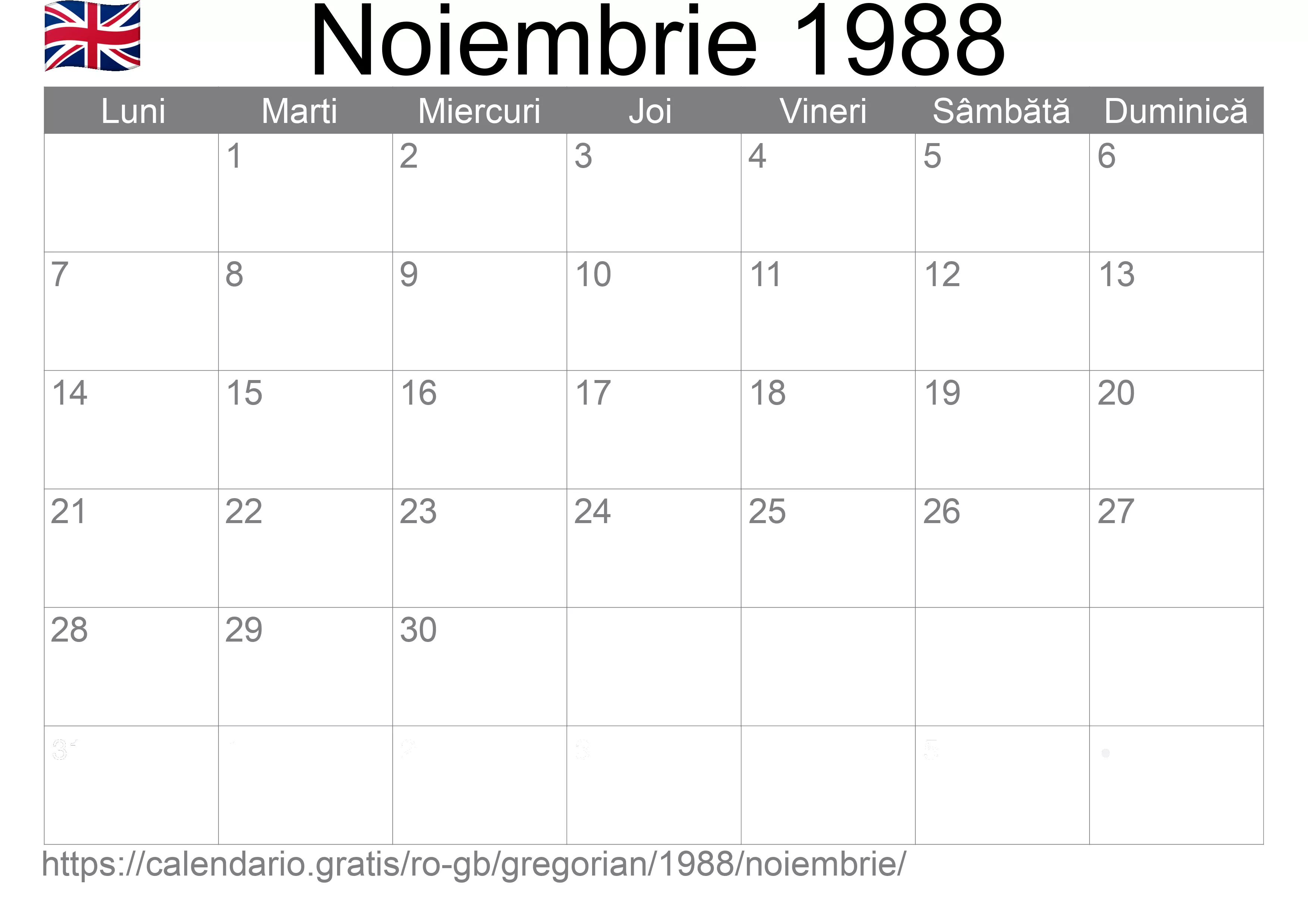 Calendar Noiembrie 1988 pentru imprimare (Regatul Unit)