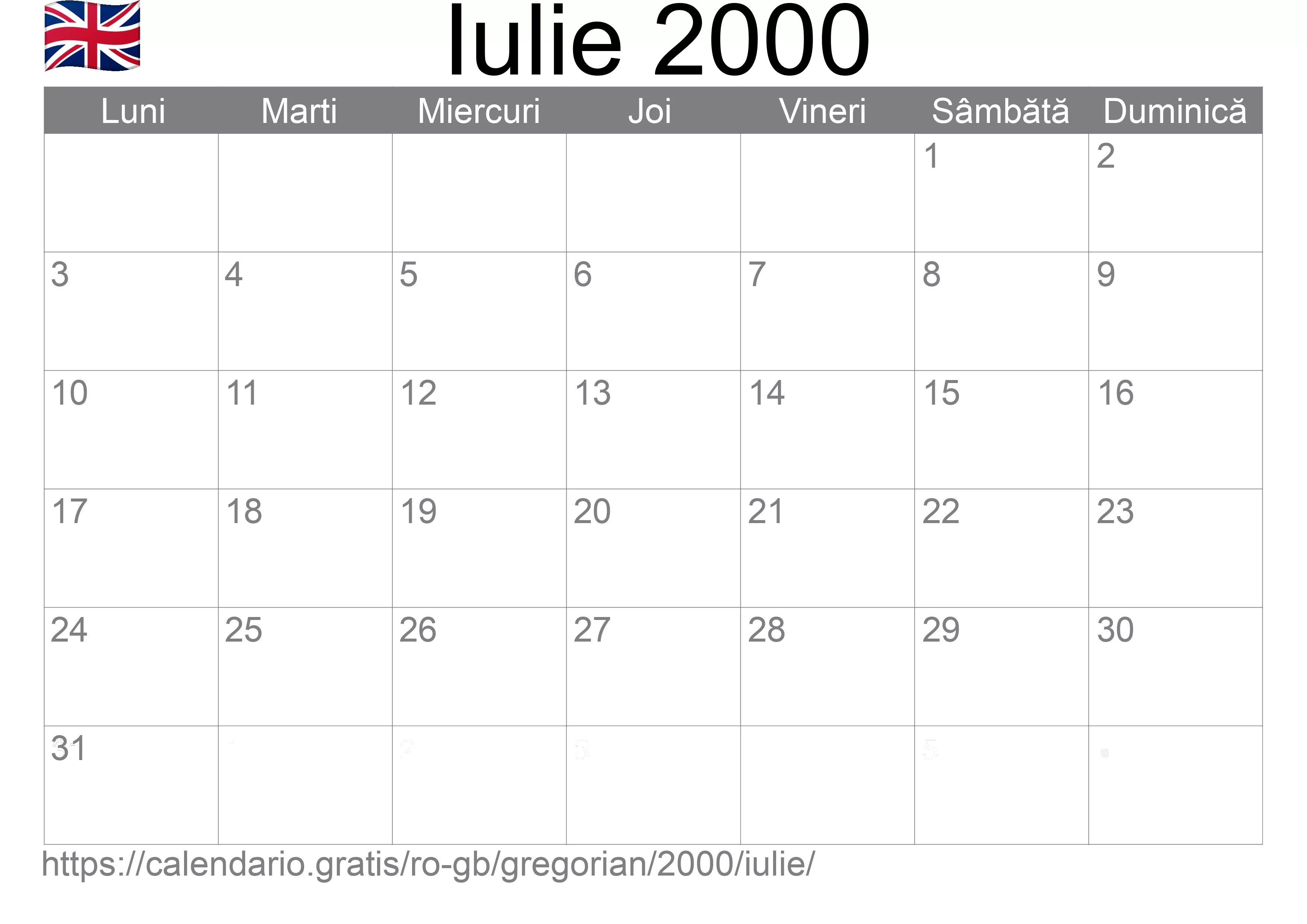 Calendar Iulie 2000 pentru imprimare (Regatul Unit)