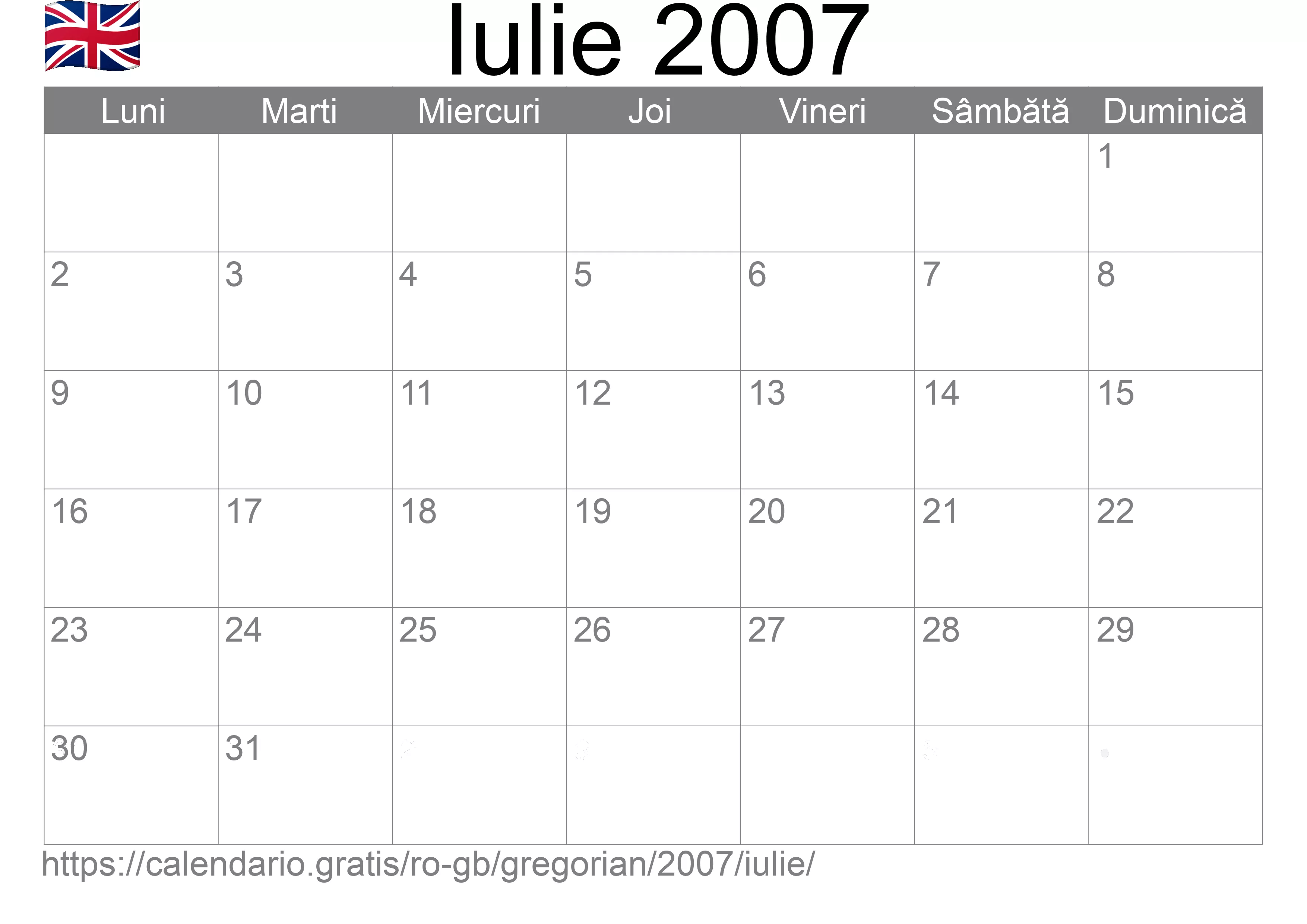 Calendar Iulie 2007 pentru imprimare (Regatul Unit)