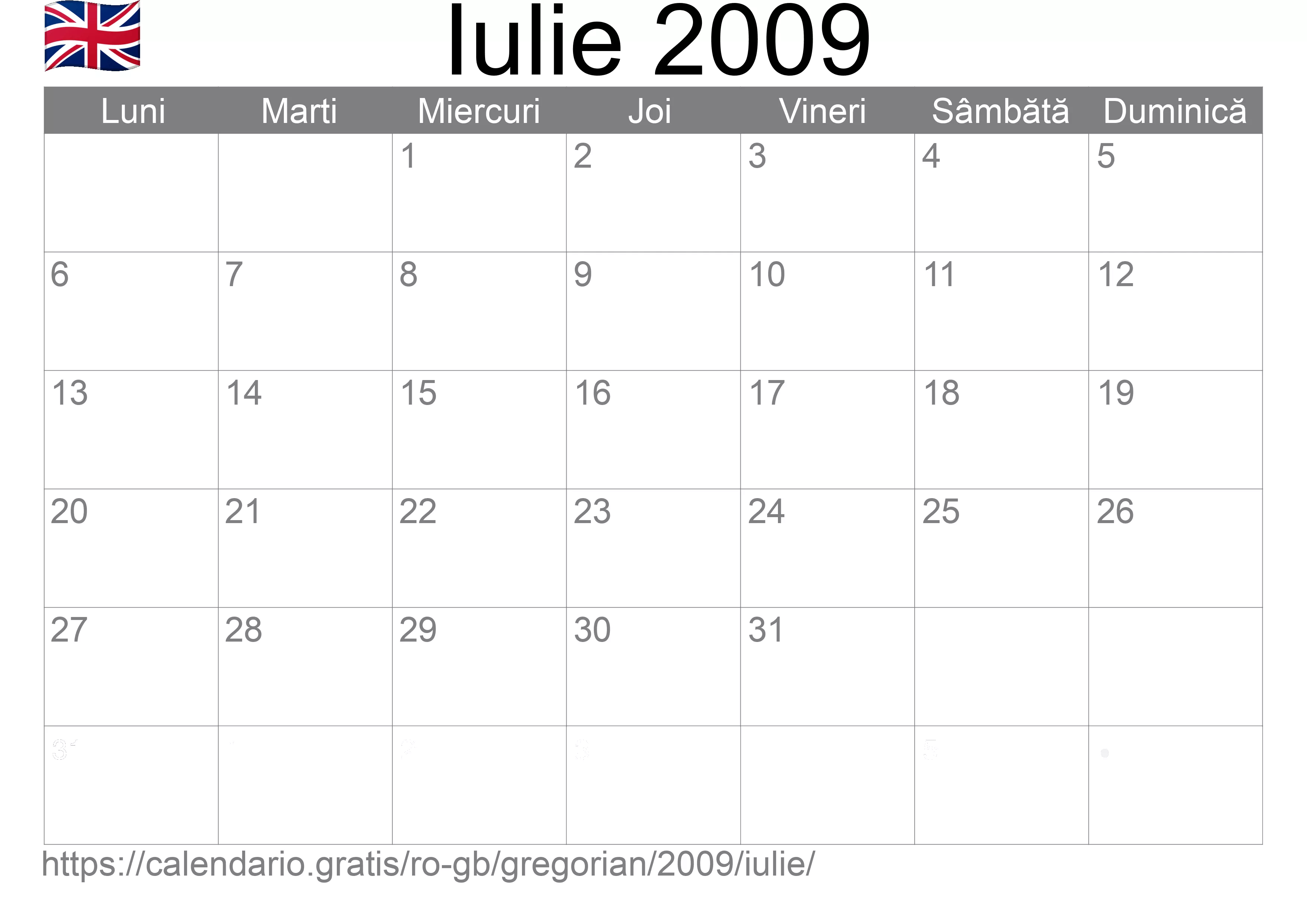 Calendar Iulie 2009 pentru imprimare (Regatul Unit)