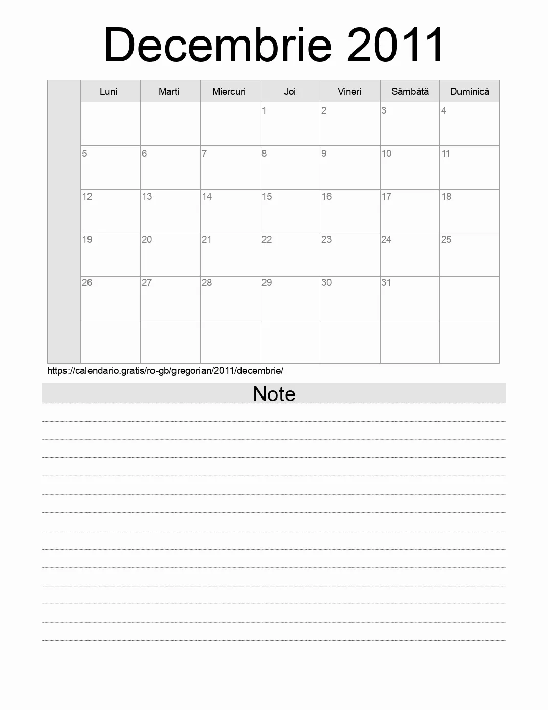 Calendar pentru Decembrie 2011 de imprimat cu note. (Regatul Unit)