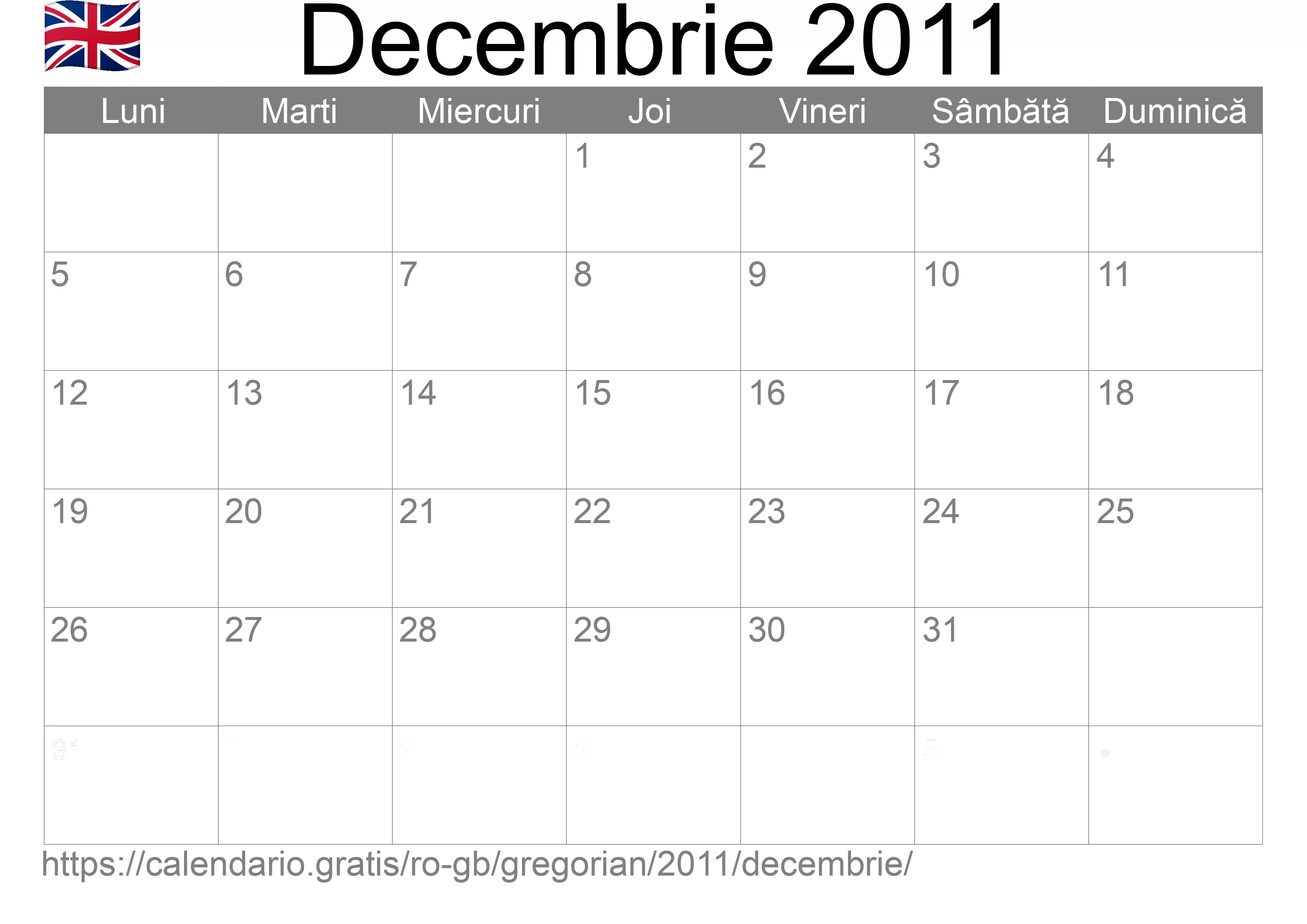 Calendar Decembrie 2011 pentru imprimare (Regatul Unit)