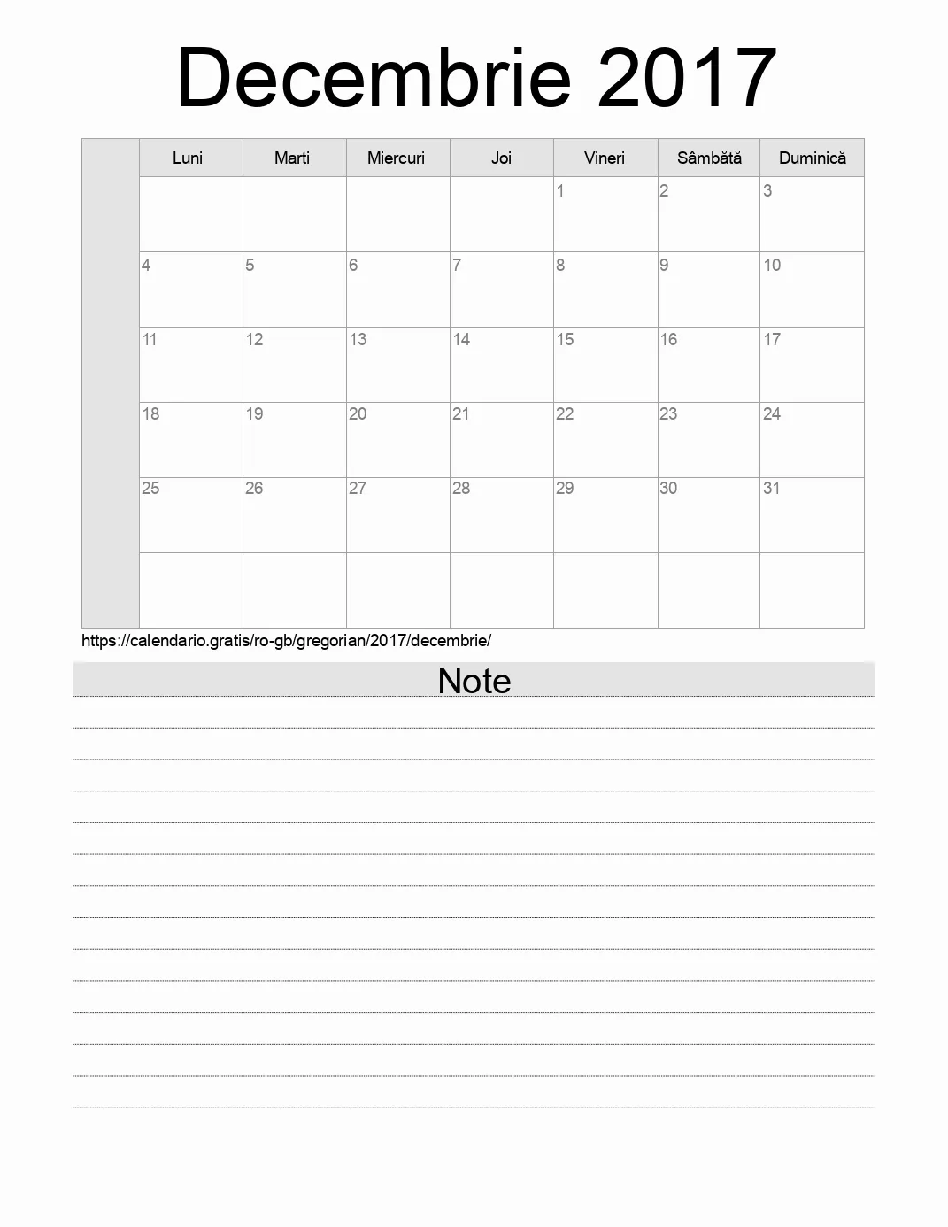 Calendar pentru Decembrie 2017 de imprimat cu note. (Regatul Unit)