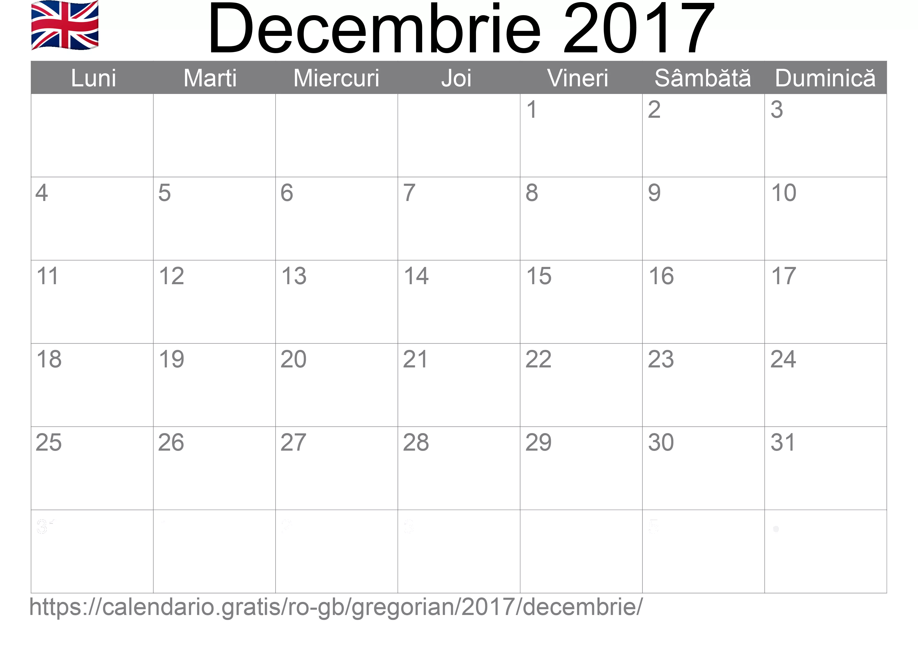 Calendar Decembrie 2017 pentru imprimare (Regatul Unit)