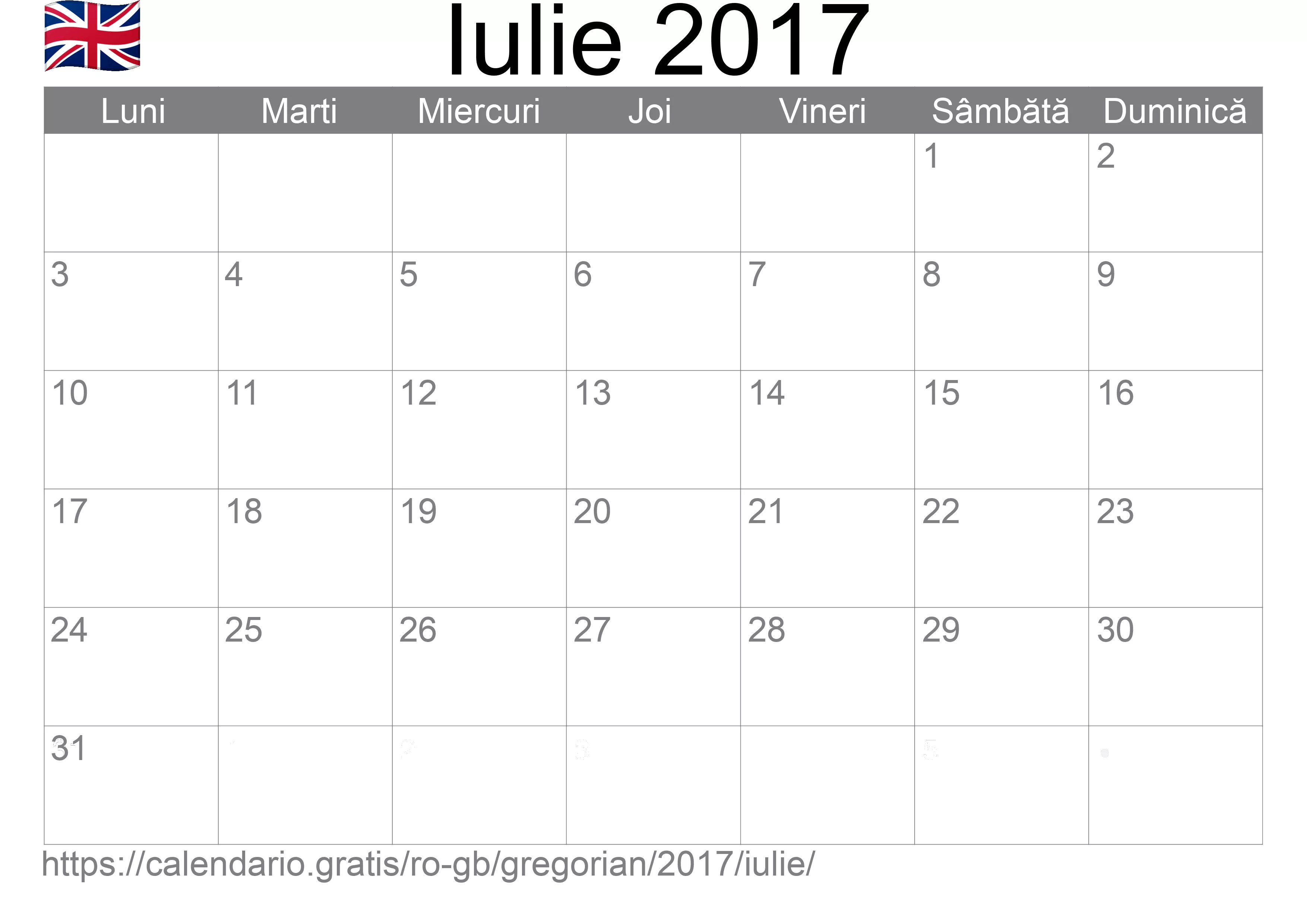 Calendar Iulie 2017 pentru imprimare (Regatul Unit)