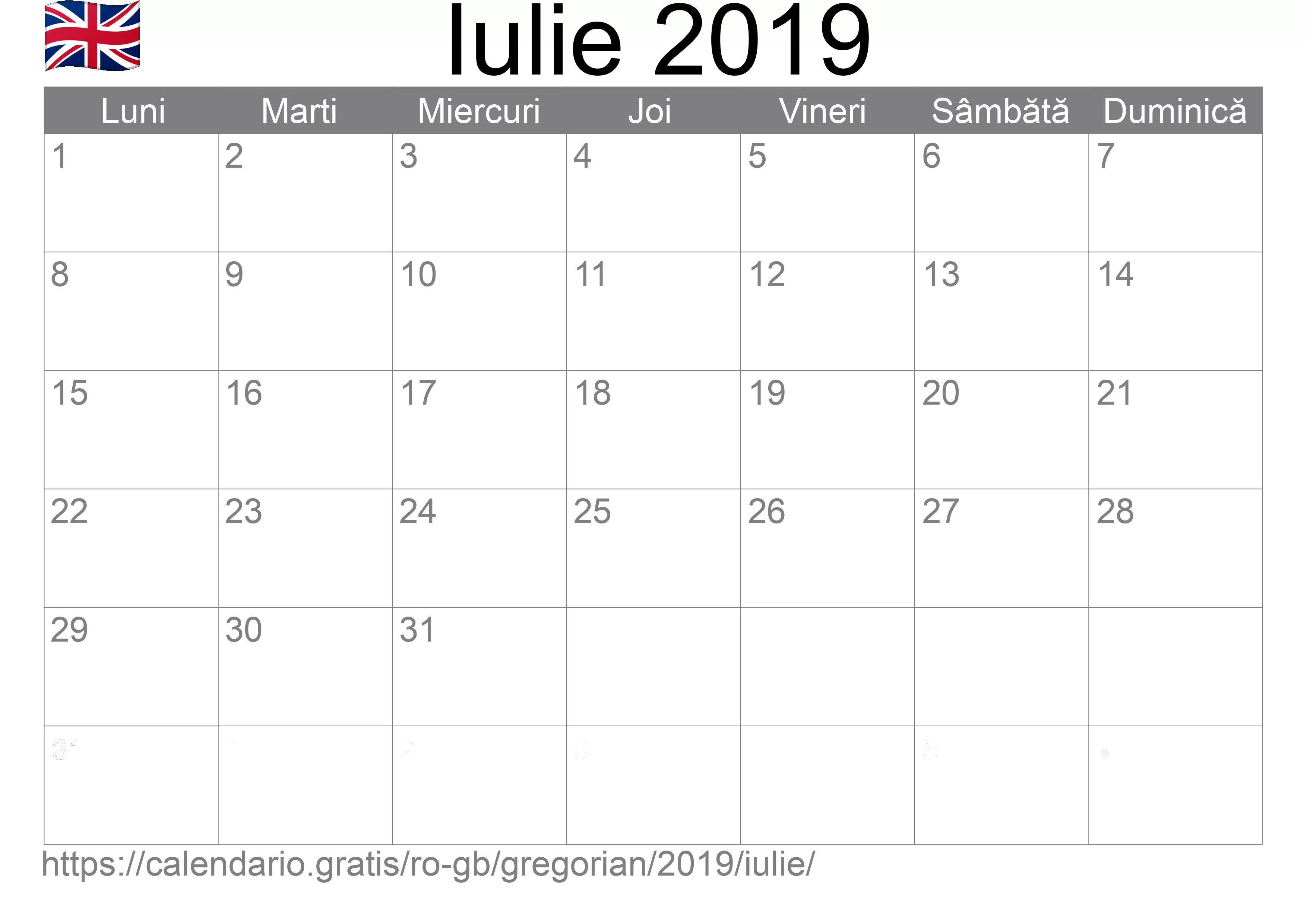 Calendar Iulie 2019 pentru imprimare (Regatul Unit)