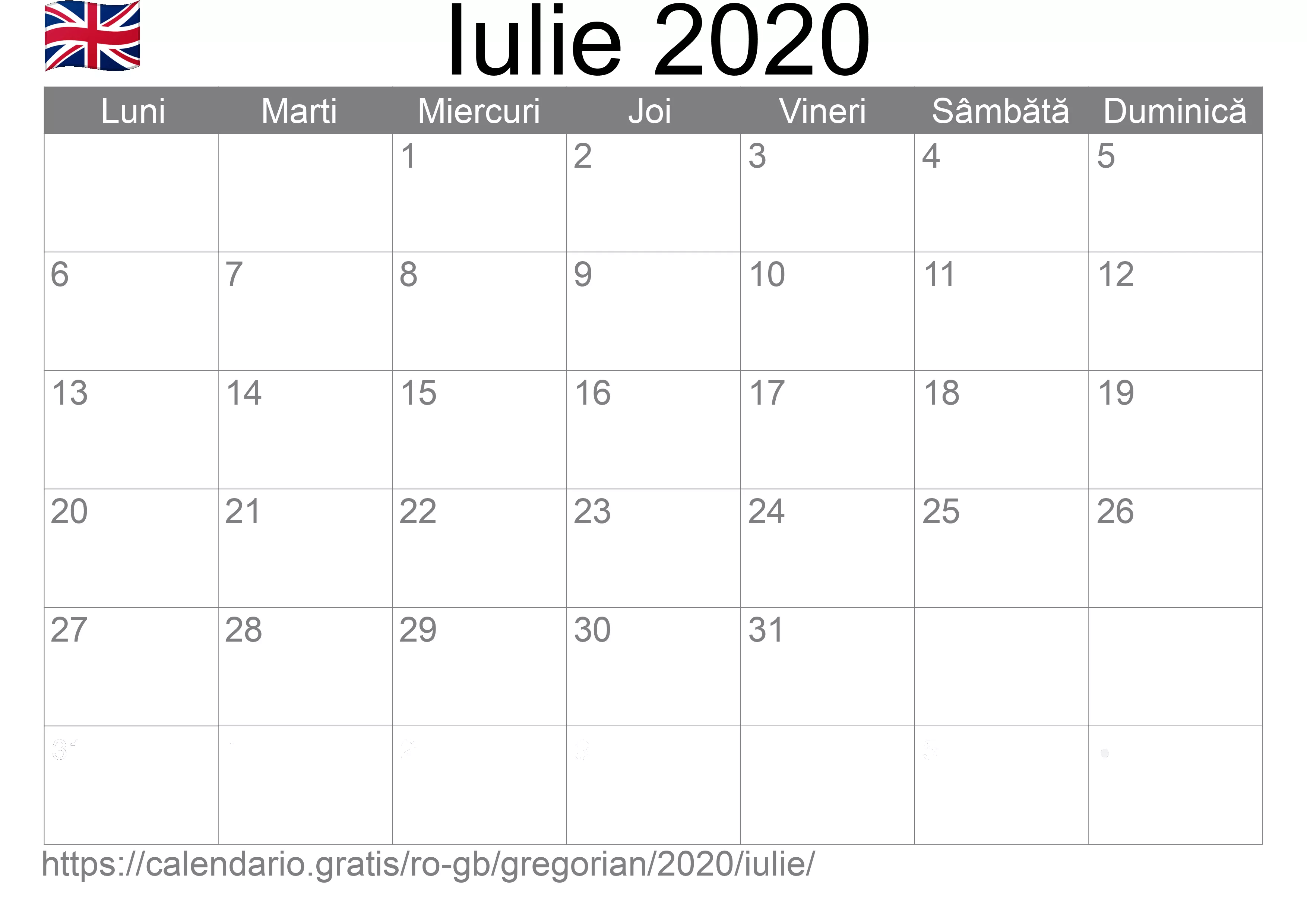 Calendar Iulie 2020 pentru imprimare (Regatul Unit)