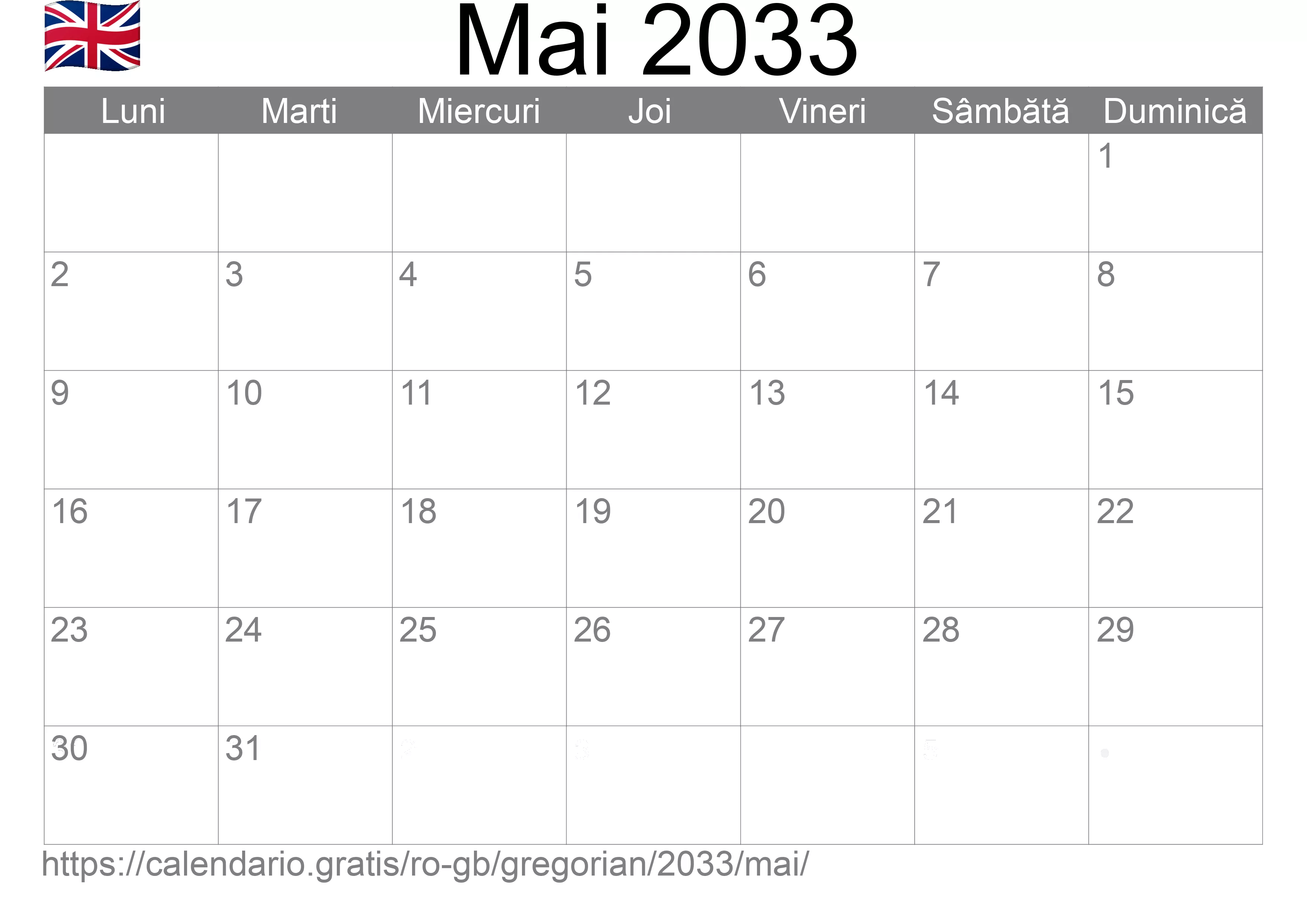 Calendar Mai 2033 pentru imprimare (Regatul Unit)