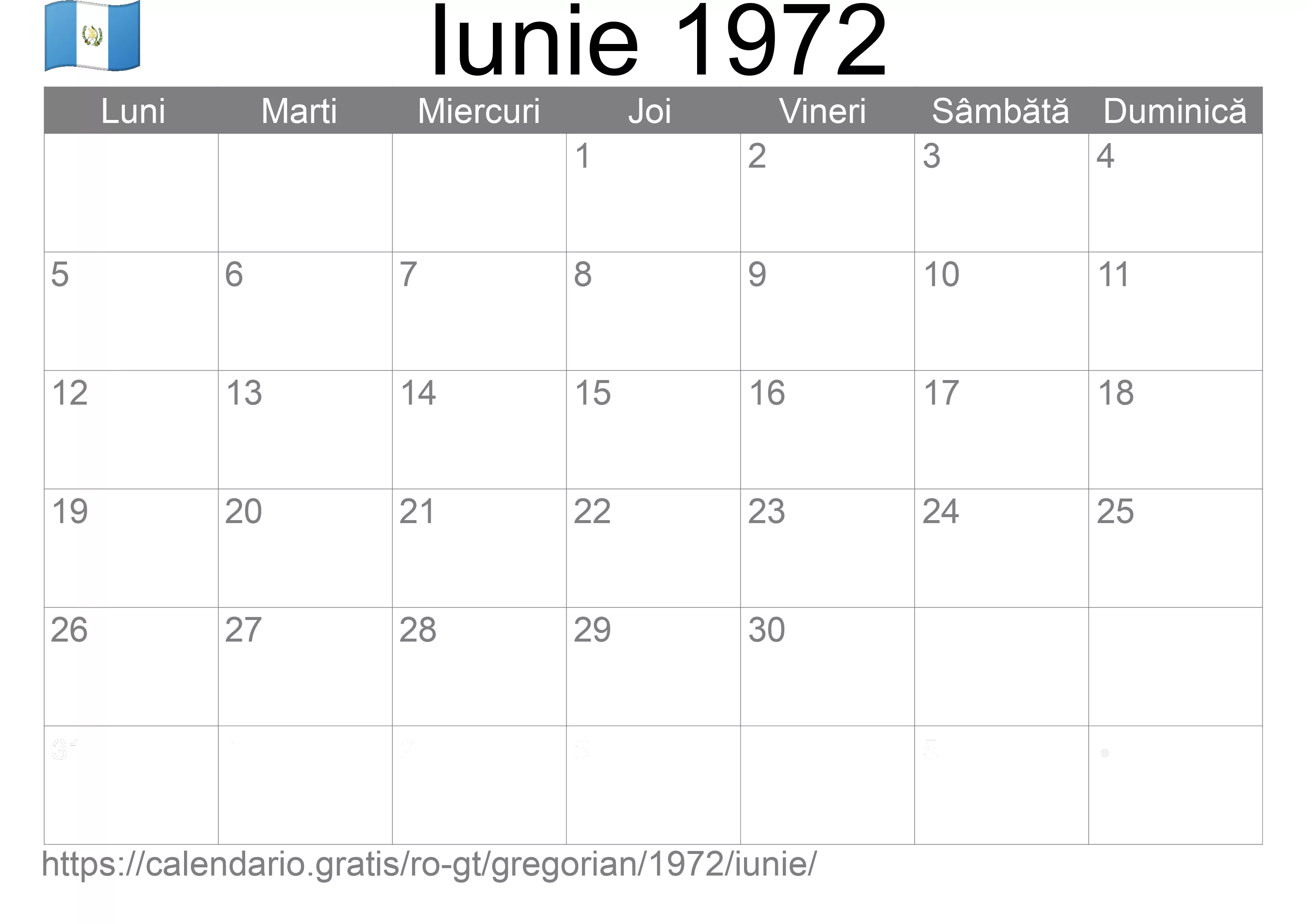 Calendar Iunie 1972 pentru imprimare (Guatemala)