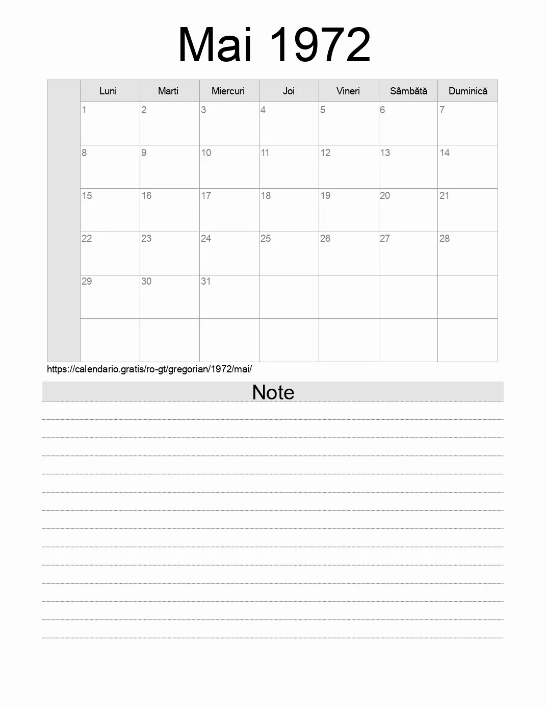 Calendar pentru Mai 1972 de imprimat cu note. (Guatemala) Calendar pentru Mai 1972 de imprimat cu note. (Guatemala)