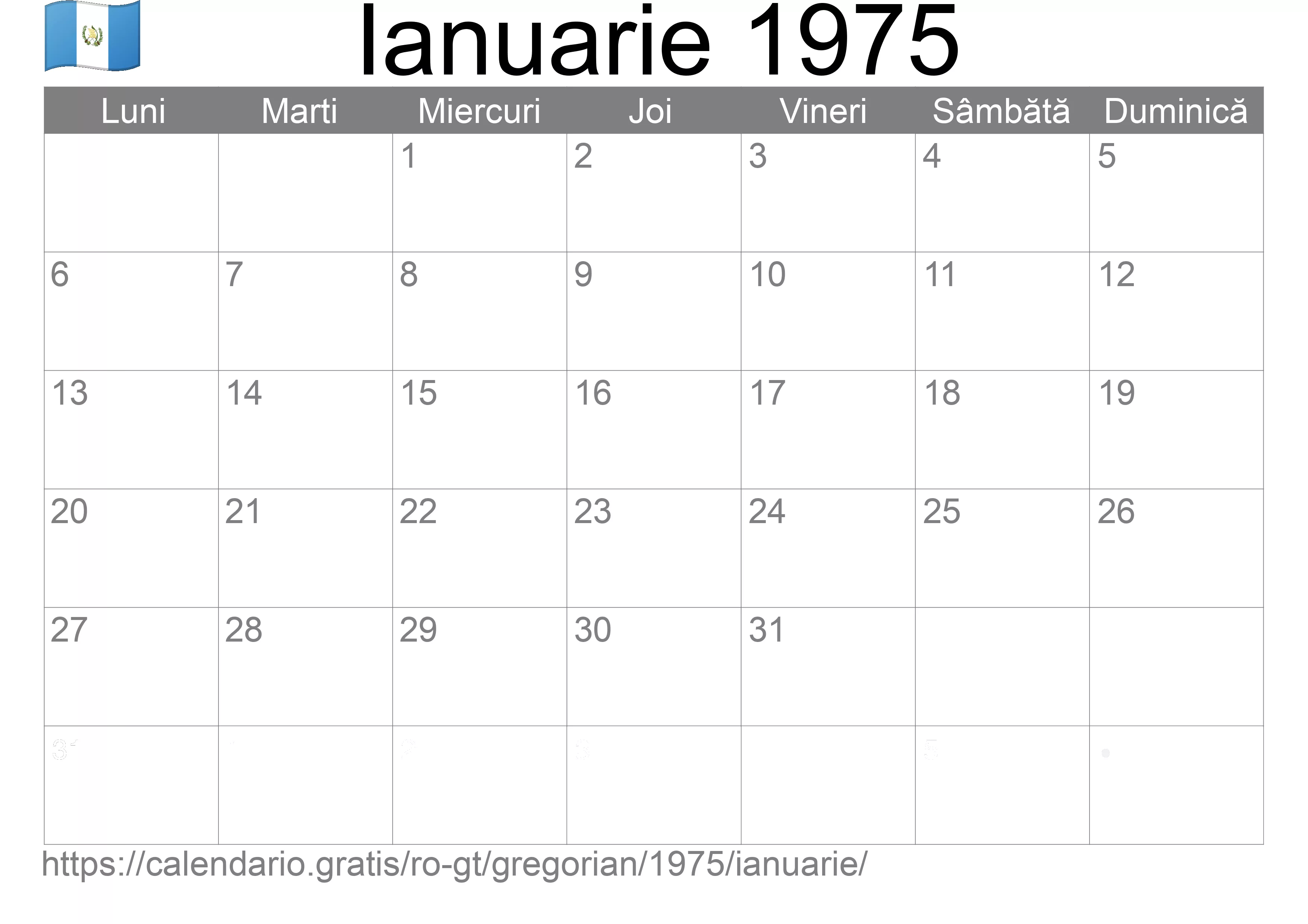 Calendar Ianuarie 1975 pentru imprimare (Guatemala)