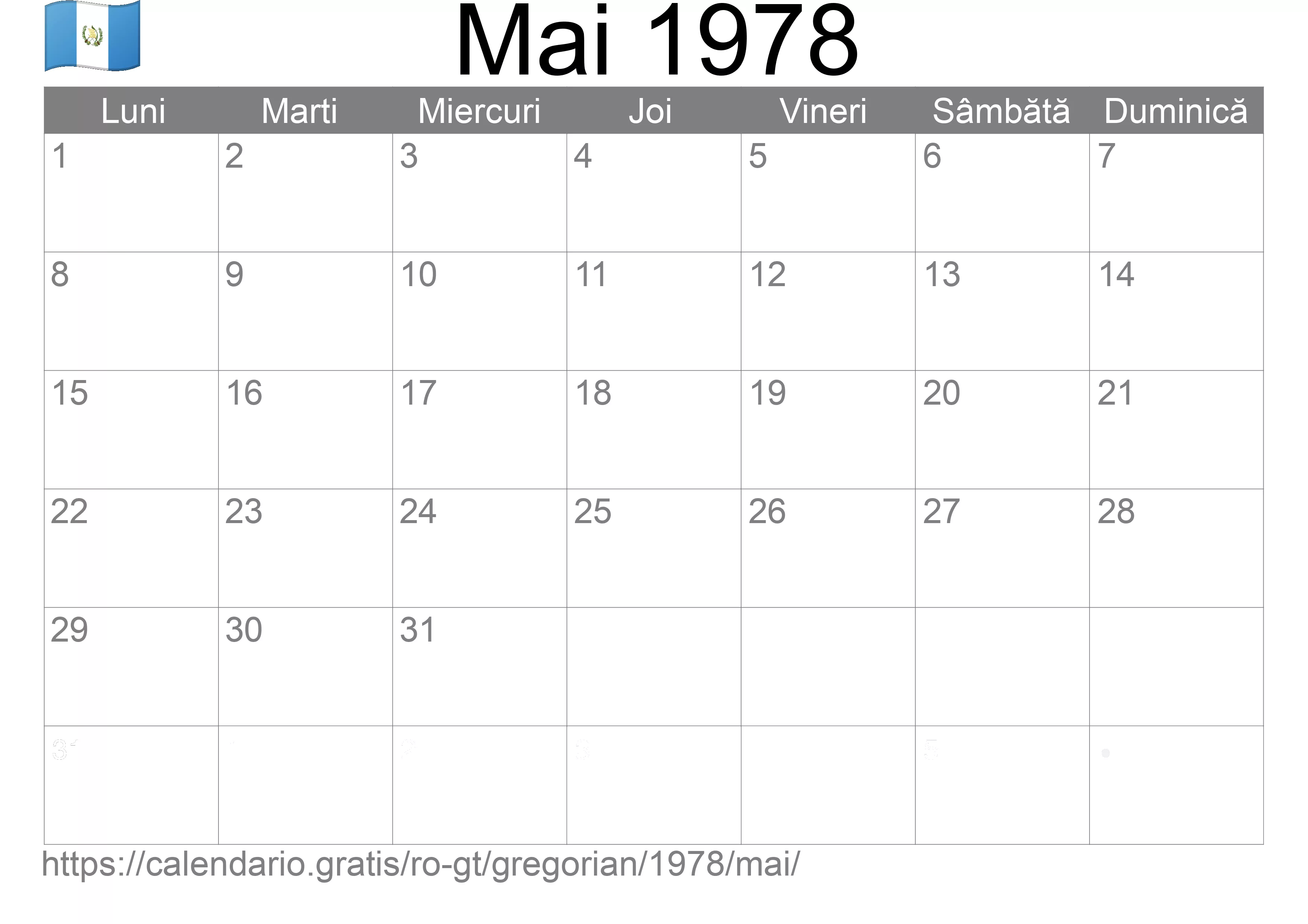 Calendar Mai 1978 pentru imprimare (Guatemala)