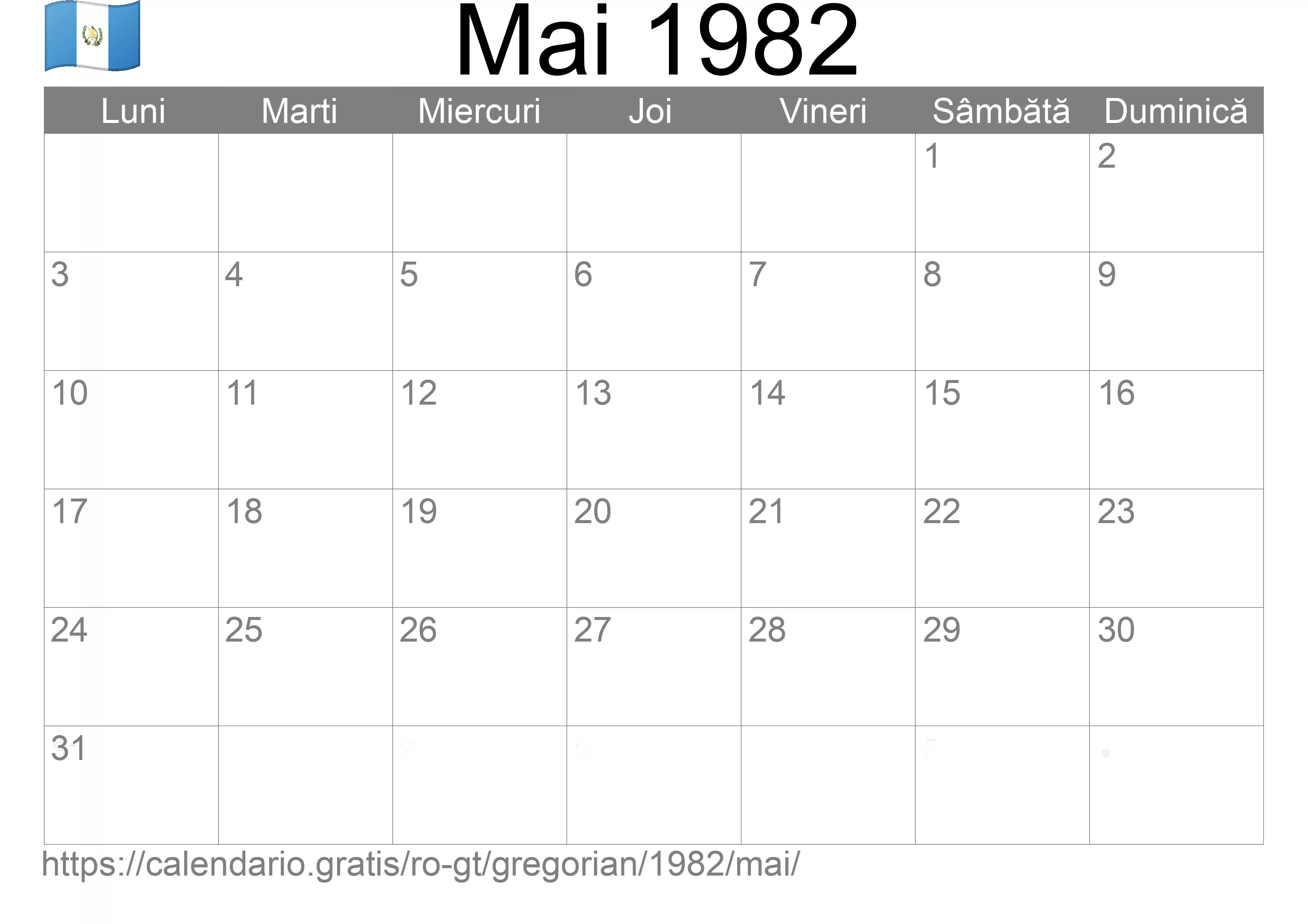 Calendar Mai 1982 pentru imprimare (Guatemala)