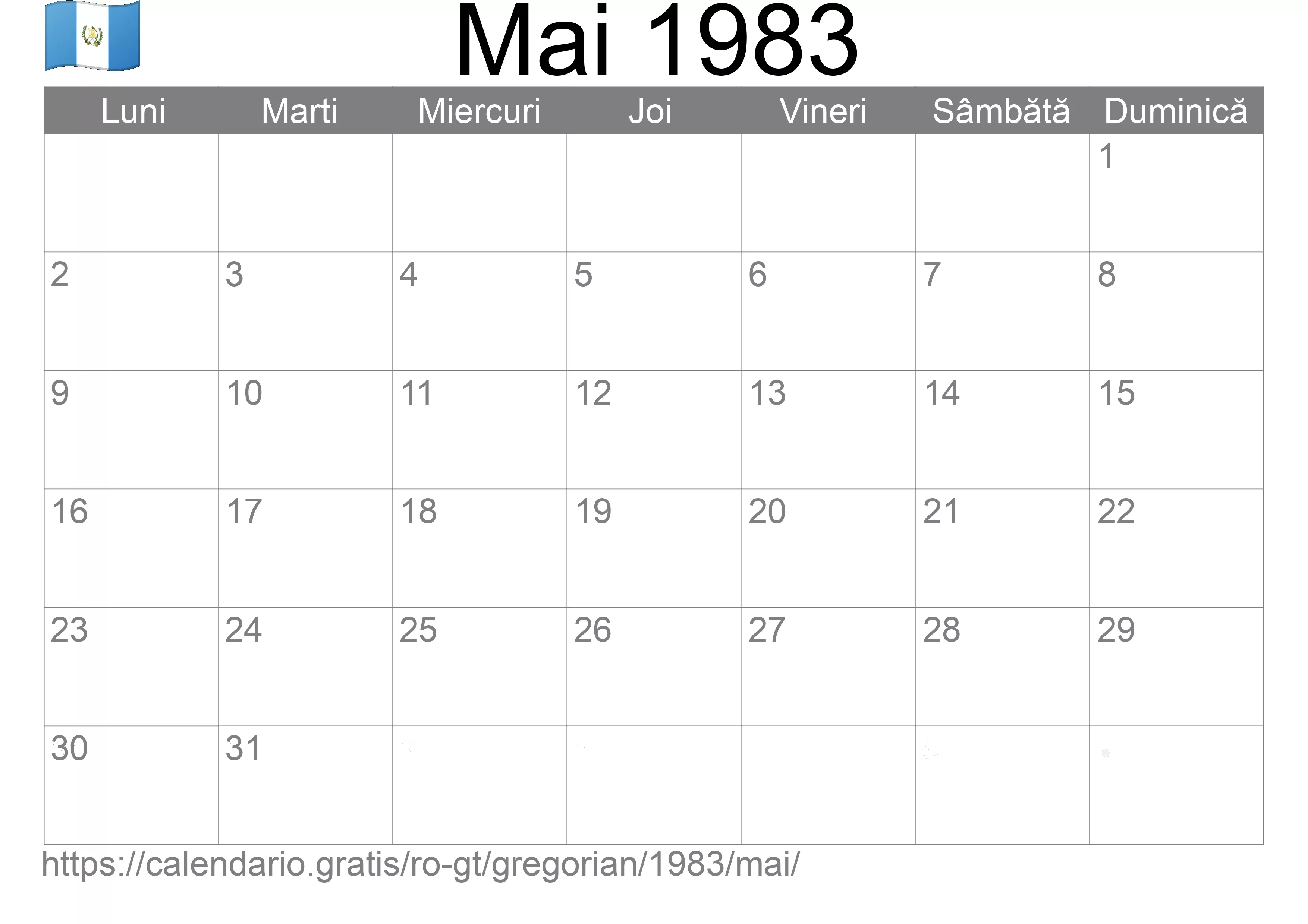 Calendar Mai 1983 pentru imprimare (Guatemala)