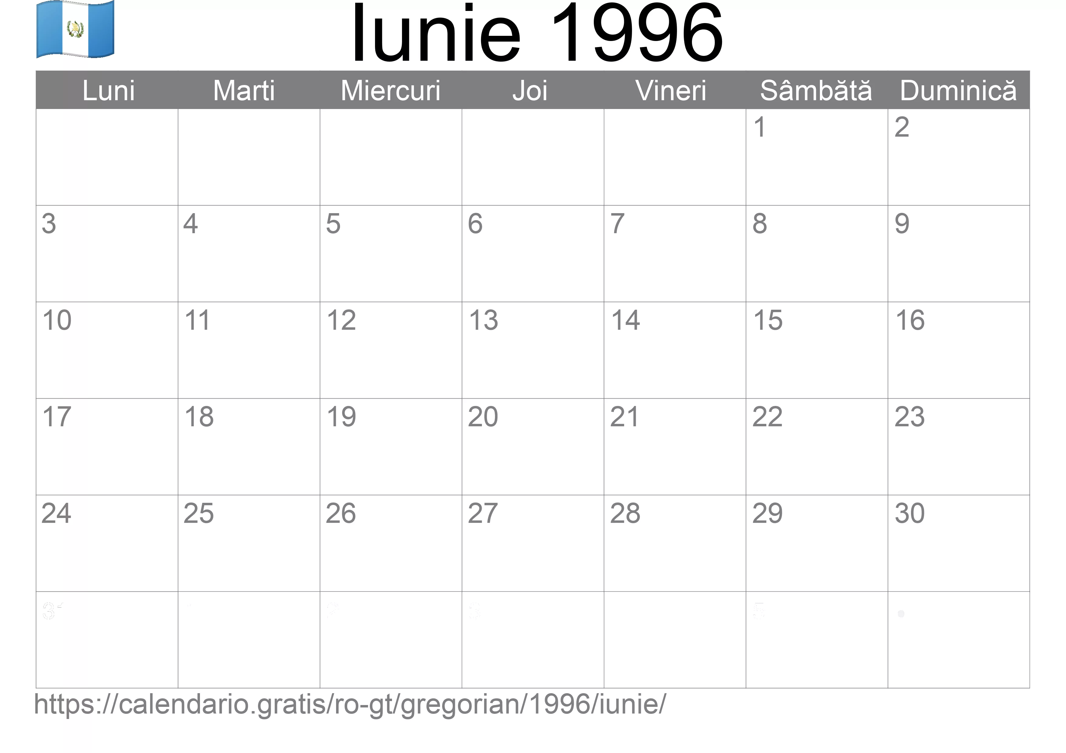 Calendar Iunie 1996 pentru imprimare (Guatemala)
