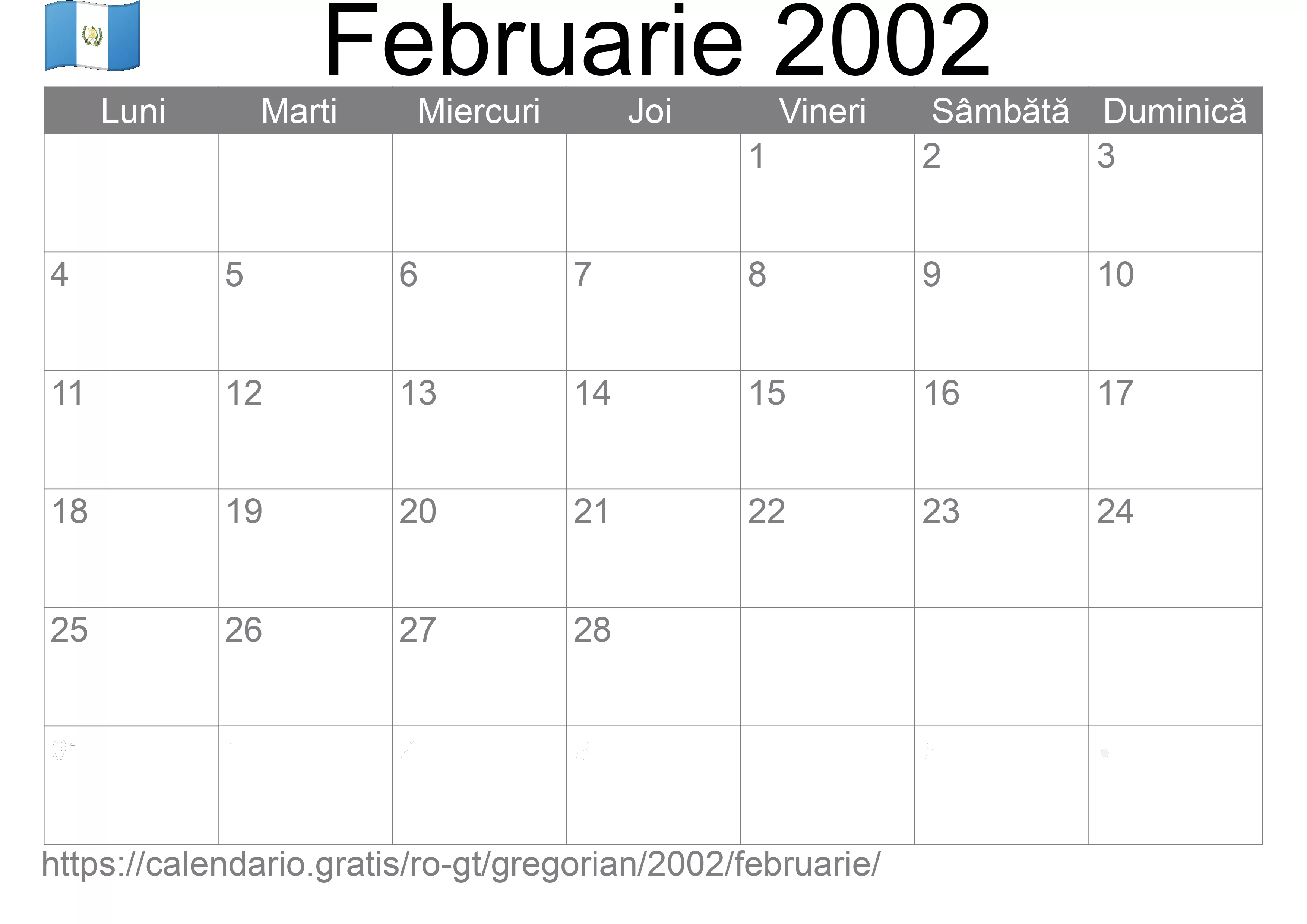 Calendar Februarie 2002 pentru imprimare (Guatemala) Calendar Februarie 2002 pentru imprimare (Guatemala)