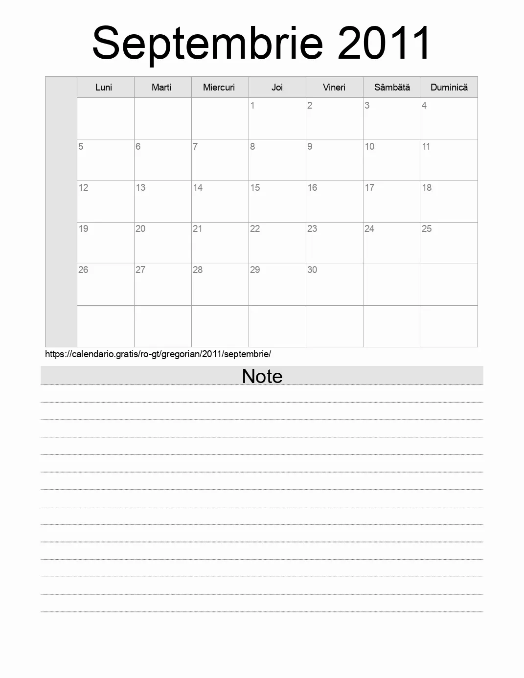 Calendar pentru Septembrie 2011 de imprimat cu note. (Guatemala)