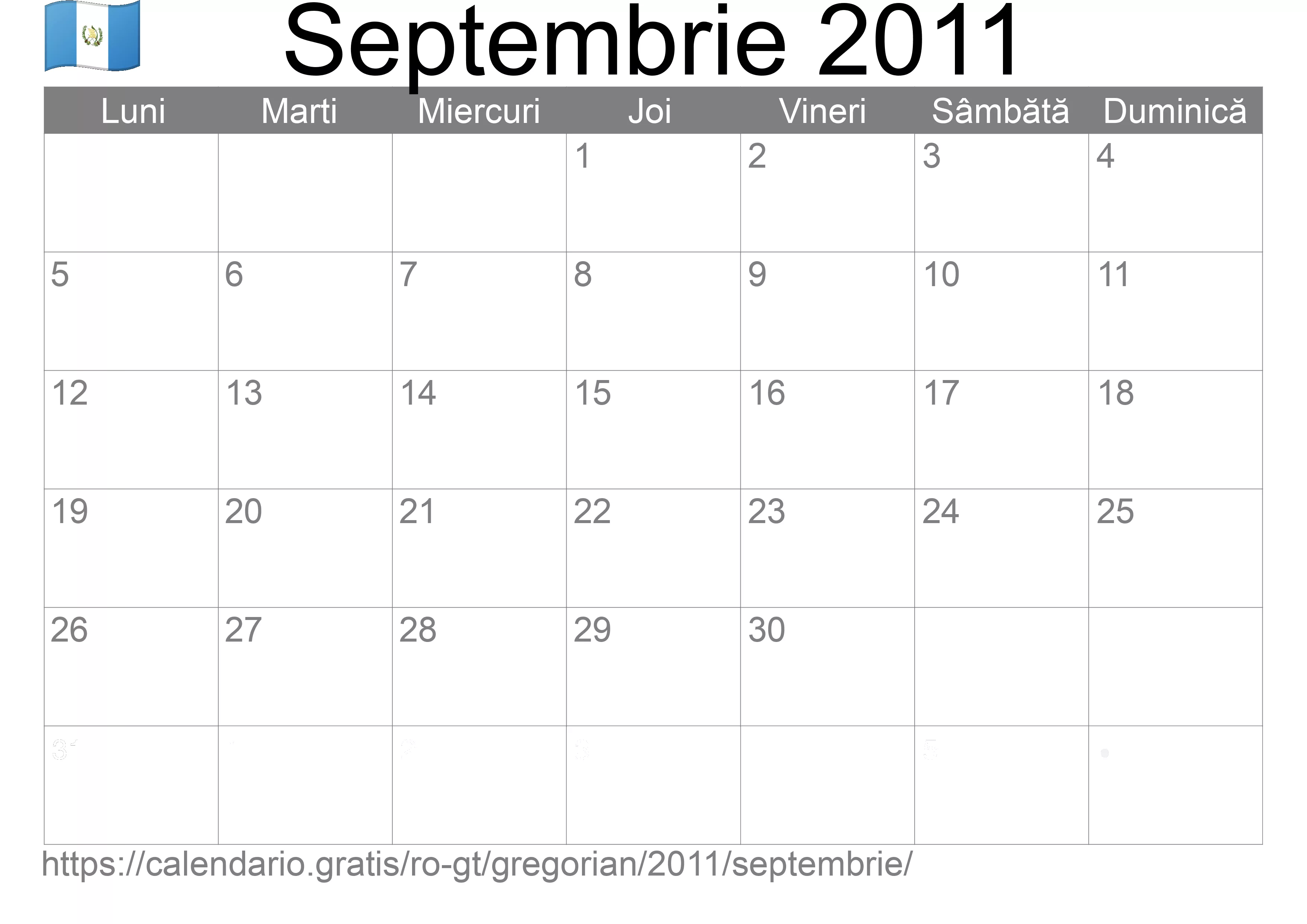 Calendar Septembrie 2011 pentru imprimare (Guatemala)