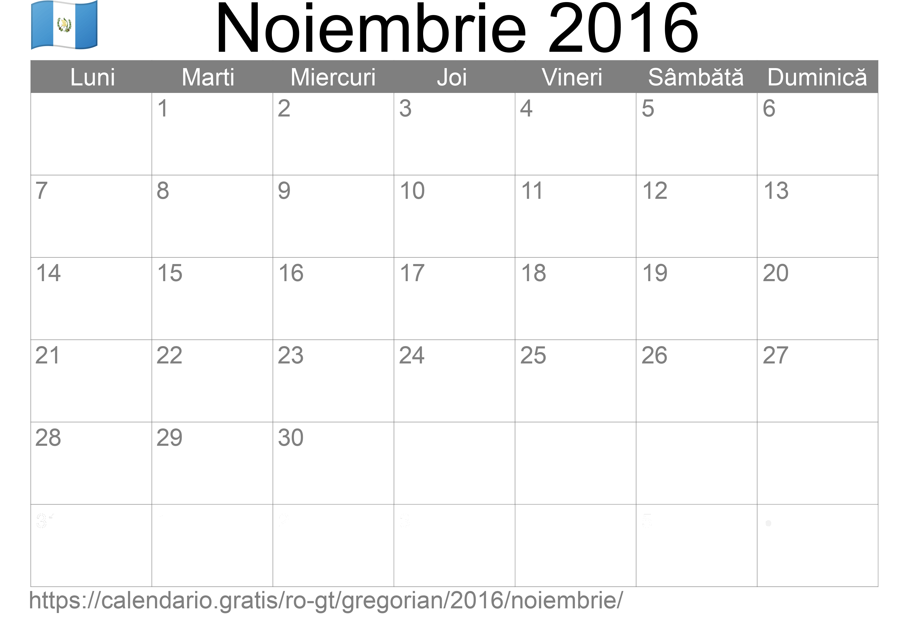 Calendar Noiembrie 2016 pentru imprimare