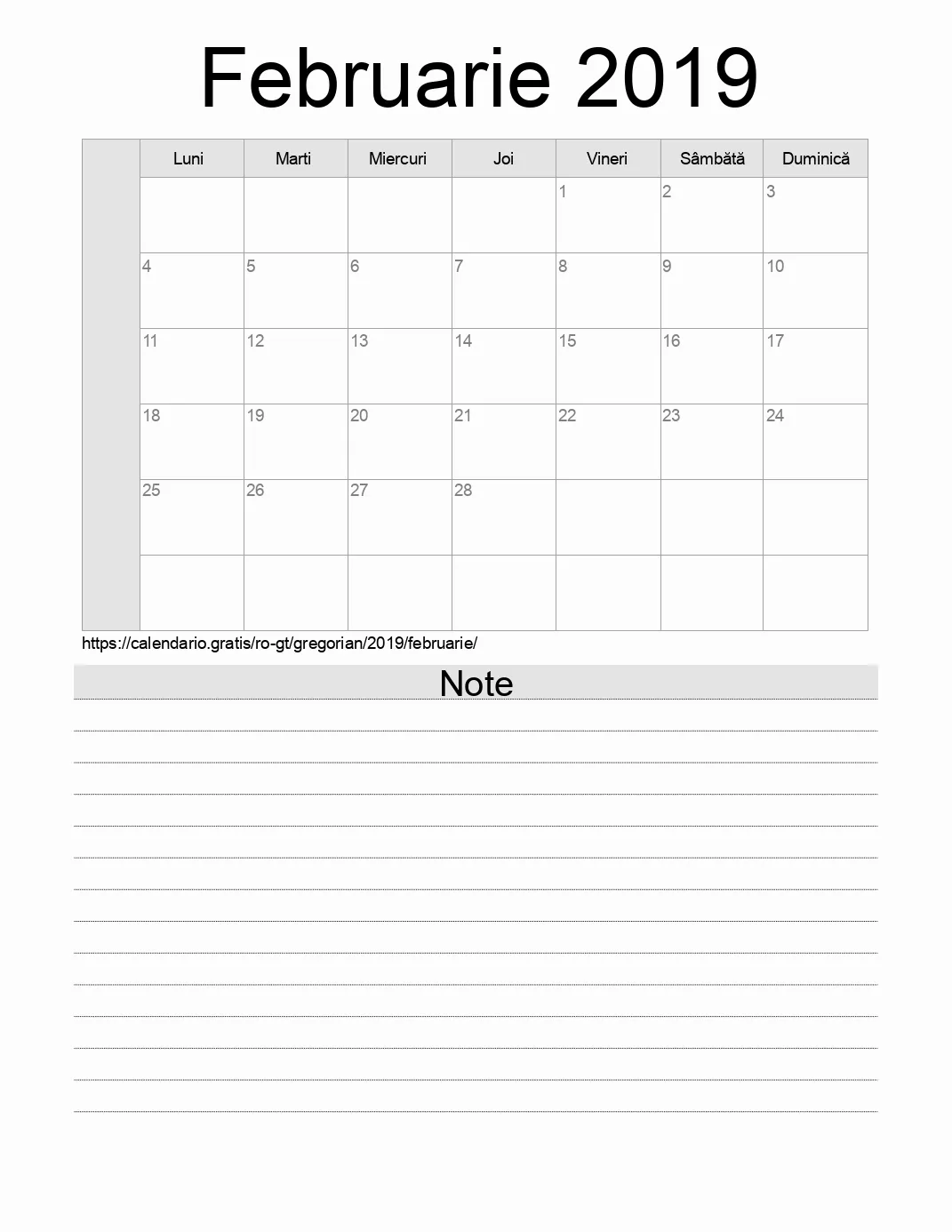 Calendar pentru Februarie 2019 de imprimat cu note. (Guatemala) Calendar pentru Februarie 2019 de imprimat cu note. (Guatemala)