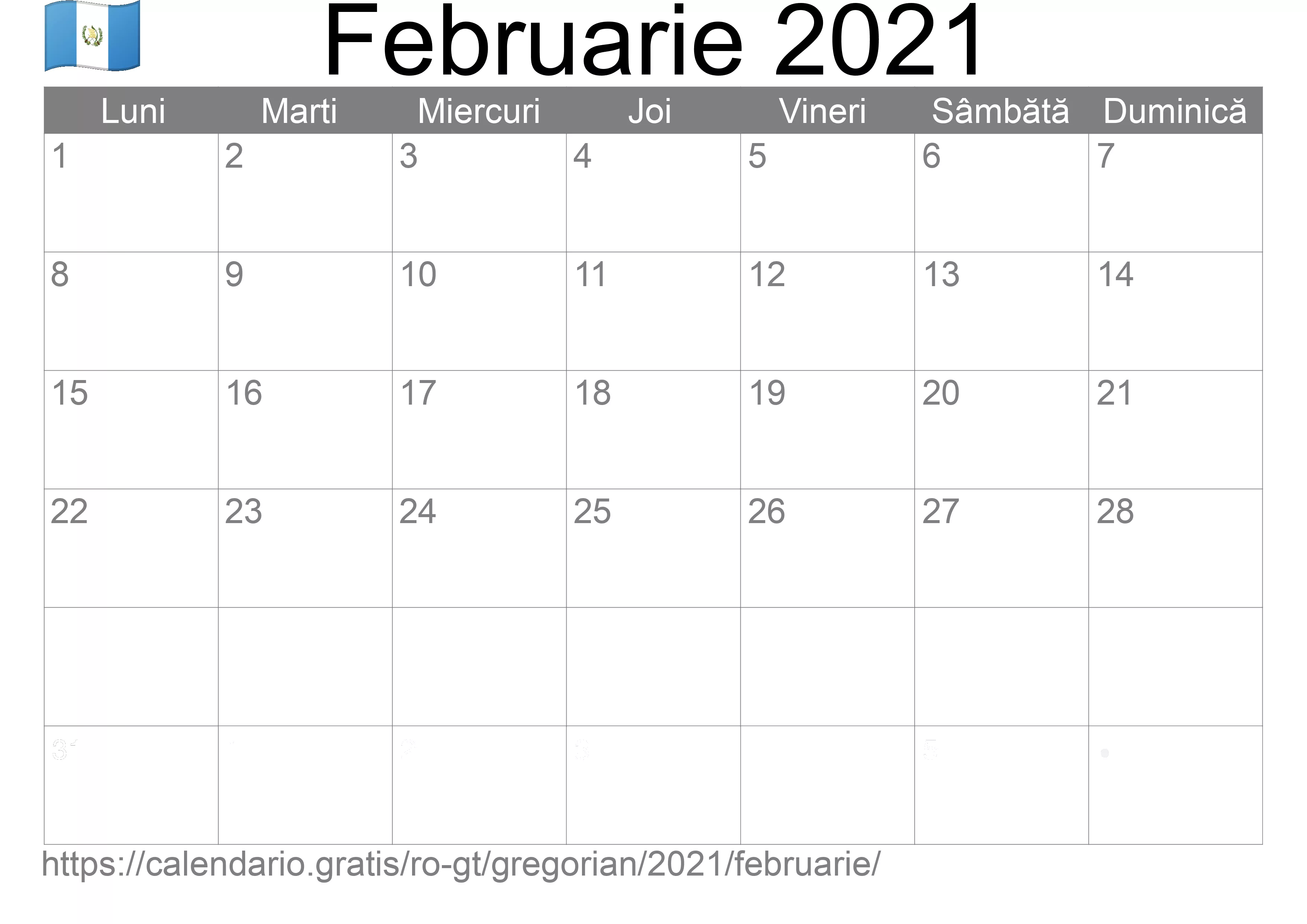 Calendar Februarie 2021 pentru imprimare (Guatemala) Calendar Februarie 2021 pentru imprimare (Guatemala)